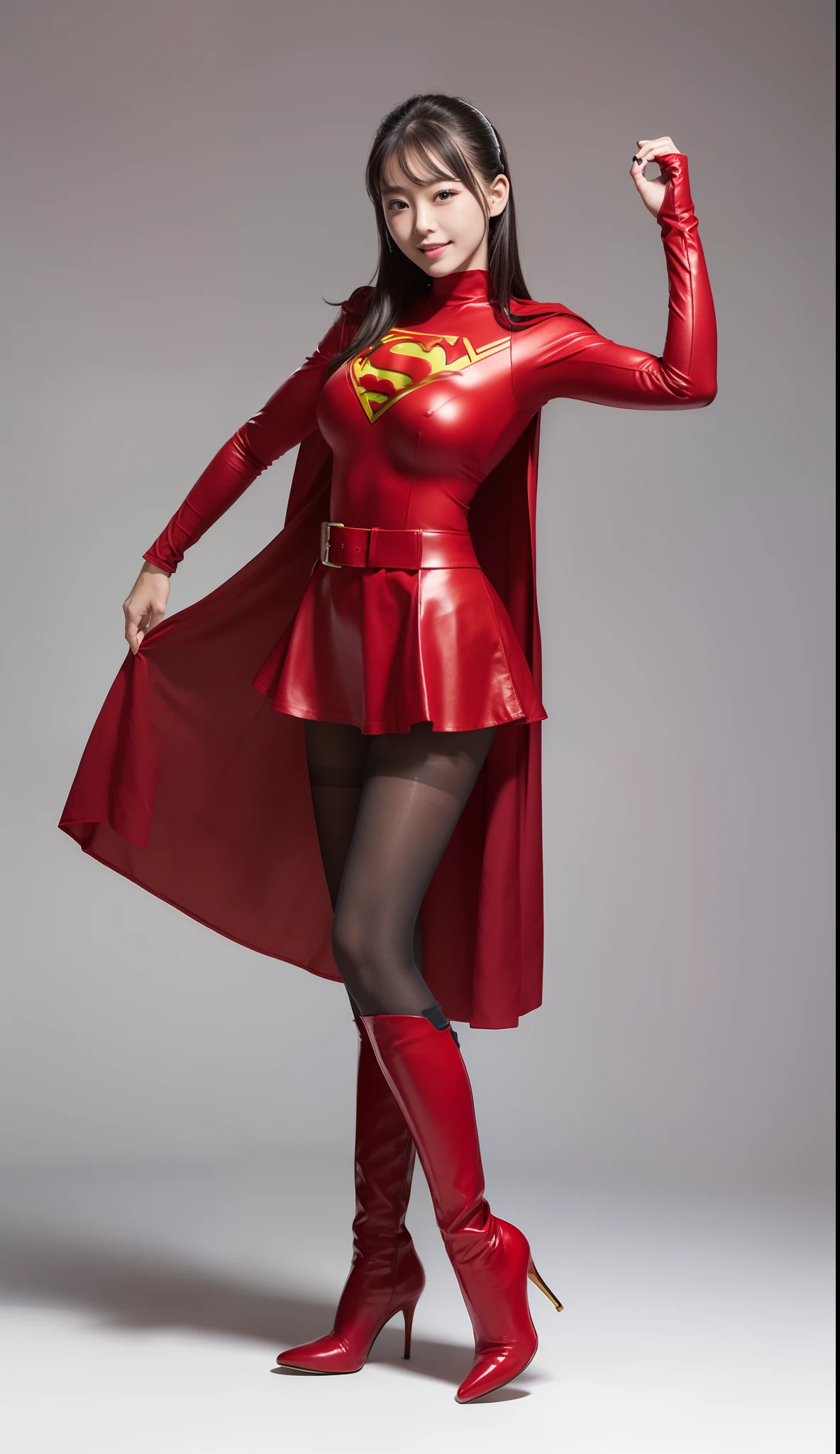 (((Be sure to wear black tights)))、(((Keep your background simple)))、(((Make the most of the original image)))、(((Supergirl Costume)))、(((shiny short hair)))、(((Suffering)))、(((Feet must necessarily be worn with black tights)))、(((Smile)))、(((You need to wear red boots)))、((Top image quality、8K))、((top-quality、8K、masterpiece:1.3))、(((Keep your background simple)))、Crisp focus:1.2、Beautiful woman with perfect body shape:1.4、Slender Abs:1.2、((layers-Cut、large boob:1.2))、a wet body:1.5、Highly detailed facial and skin texture、