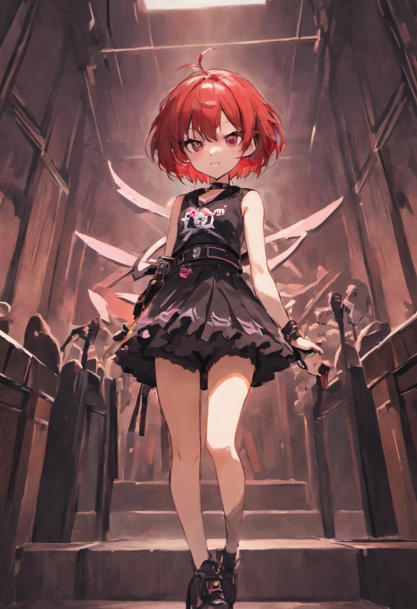 1girl, short red hair, eye patch on left eye, brown eyes, black spike collar around neck, sleeveless black shirt with pink skull graphic design on chest, holding guitar, microphone stand in foreground, short denim shorts, black_pink pinstripe socks, knee pad on right knee, white sneakers, small teddy bear charm hanging from belt buckle, punk rocker, rock 'n roll, indoors, on stage, spotlight, absurdres, high res, ultra sharp, 8K, masterpiece, facing viewer, simile