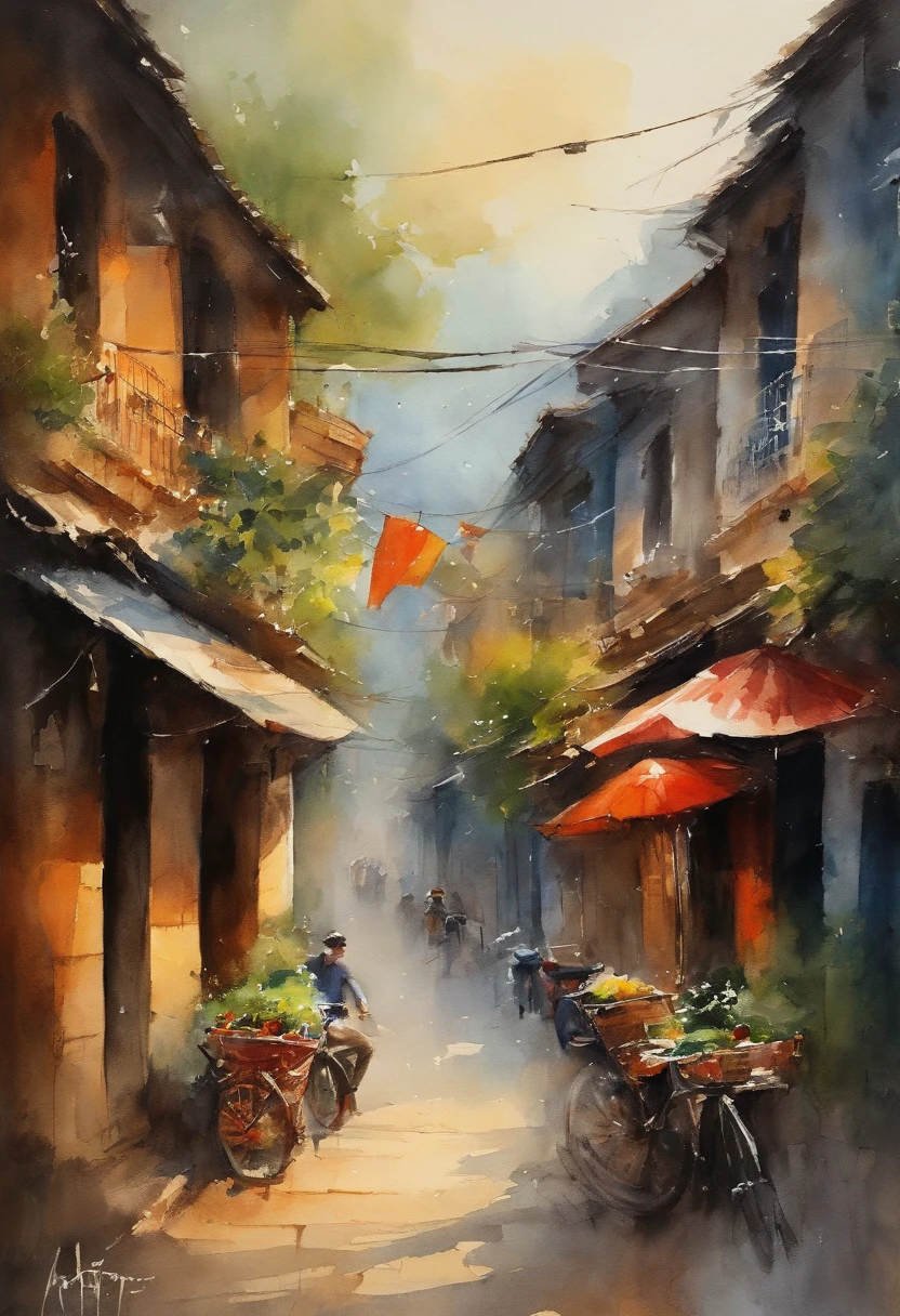 Chinese painting texture Cool colors Sparse villages Wide avenues Shabby huts Long coats pedestrians walk to the door Birds fly in the autumn breeze