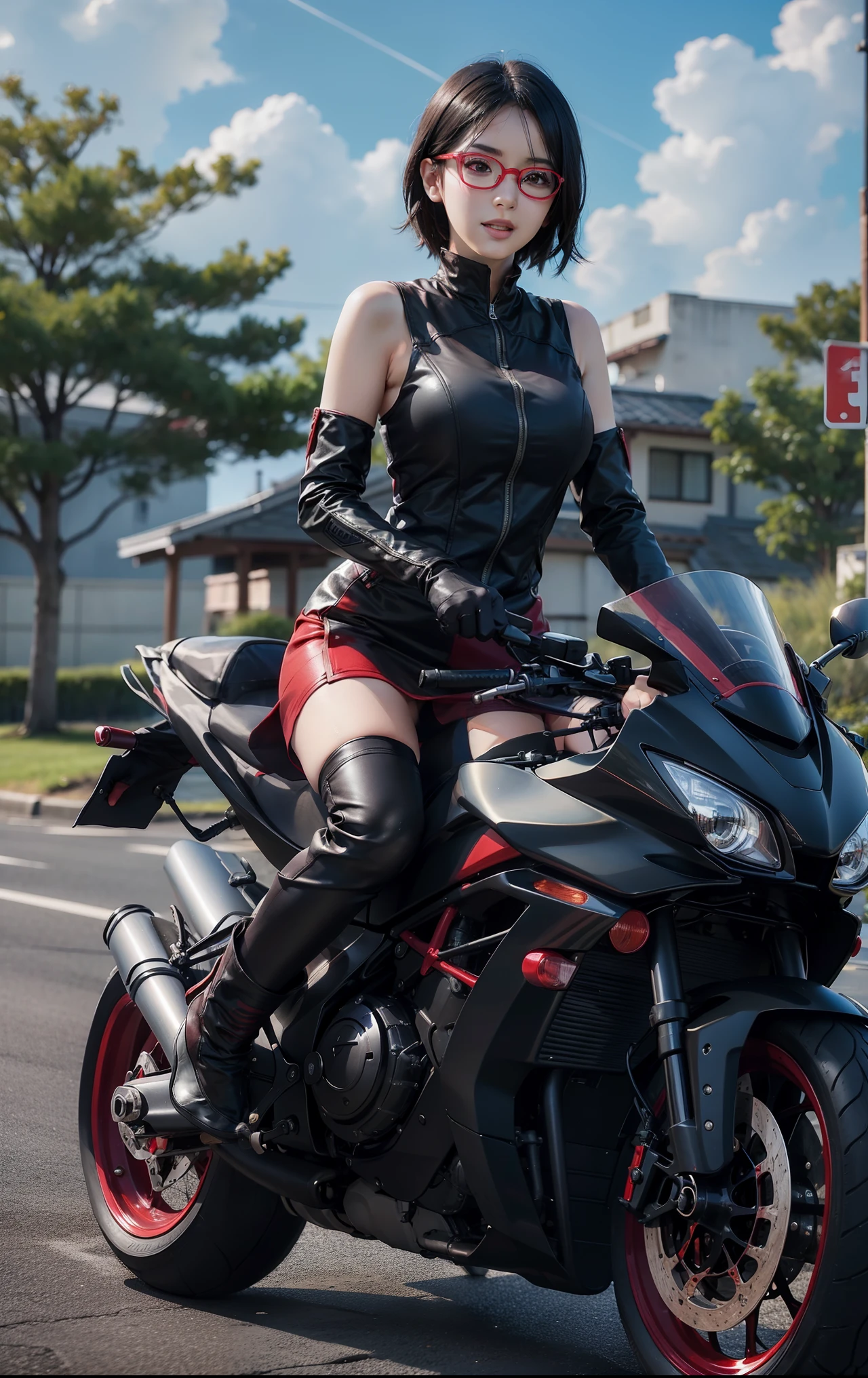 nsfw、(masterpiece, Highest quality, Super detailed:1.3), Perfect composition, 4K, (Very detailed, Super detailed), Patent leather leotard、Gloves、Knee-high boots, High resolution, 8k Texture, Attention to detail, Very detailed肌の質感, Magnificent details, High Sharpness, One girl, (Fine grain:1.3), (25-year-old woman:1.3),(Fully cowled motorcycle)、((Ride a motorcycle:1.3))、View Viewer、smile、Nipple swelling