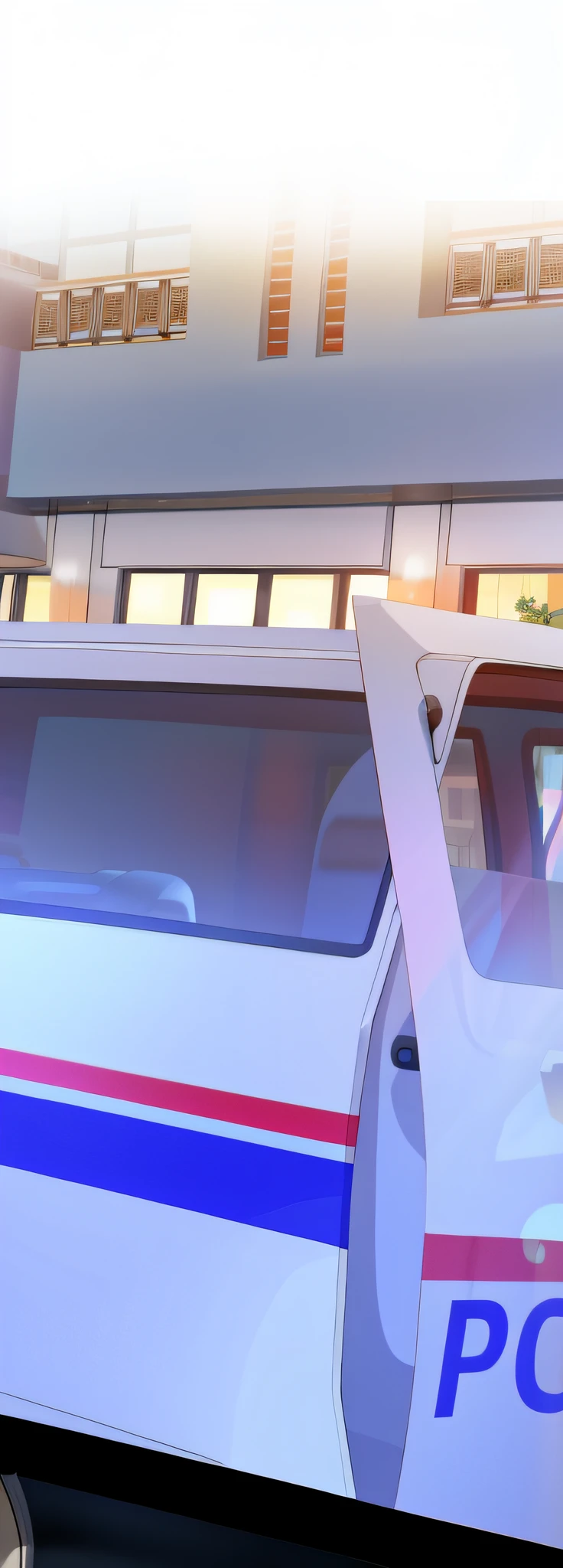 A police car was parked in front of a building, anime backgrounds