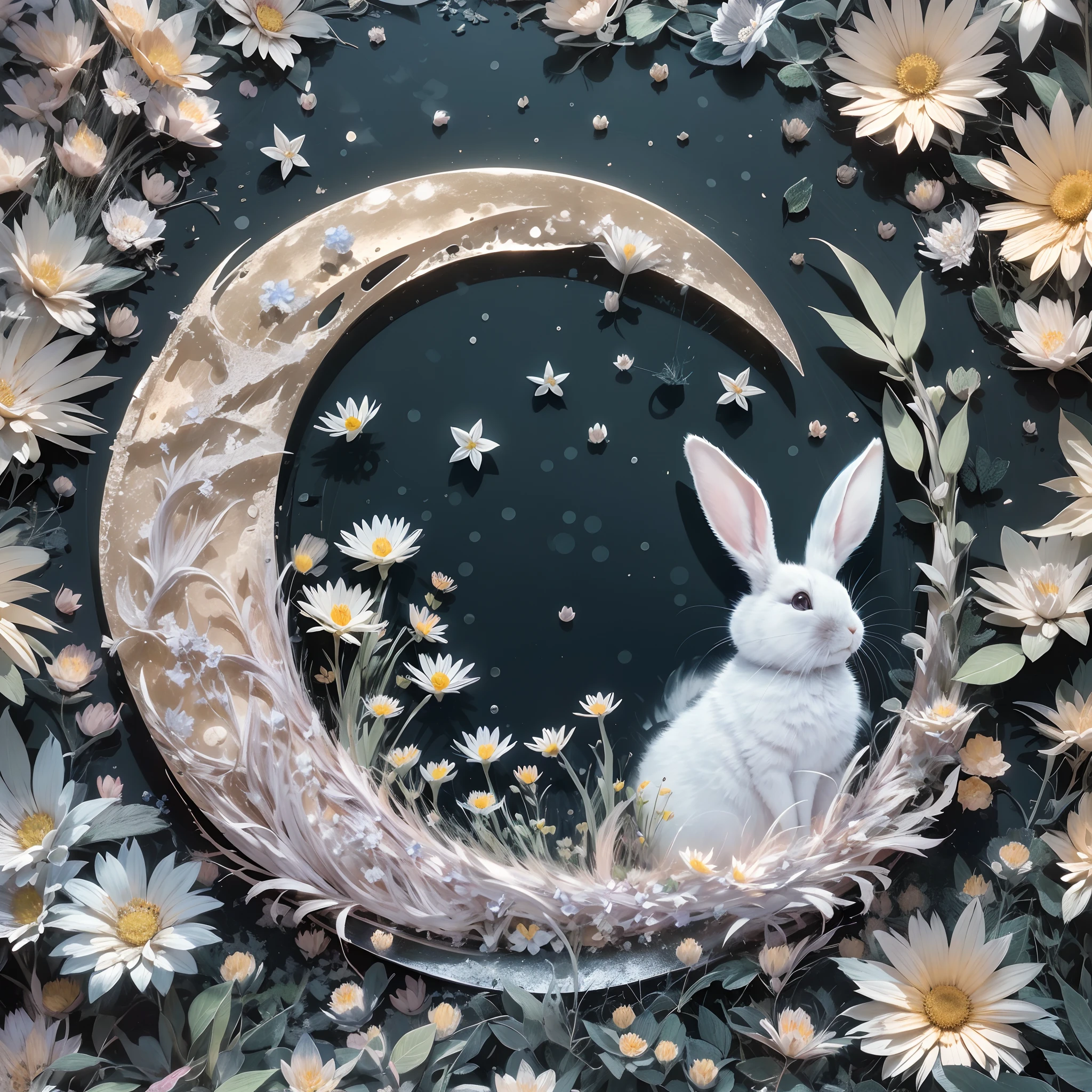In this ultra-detailed CG art,a moon,during night,starrysky,adorable rabbit,(Paper Cuttings style:fresh flowers.Fujiman),Best quality at best,A high resolution,Complicated details,fanciful,Romantic,