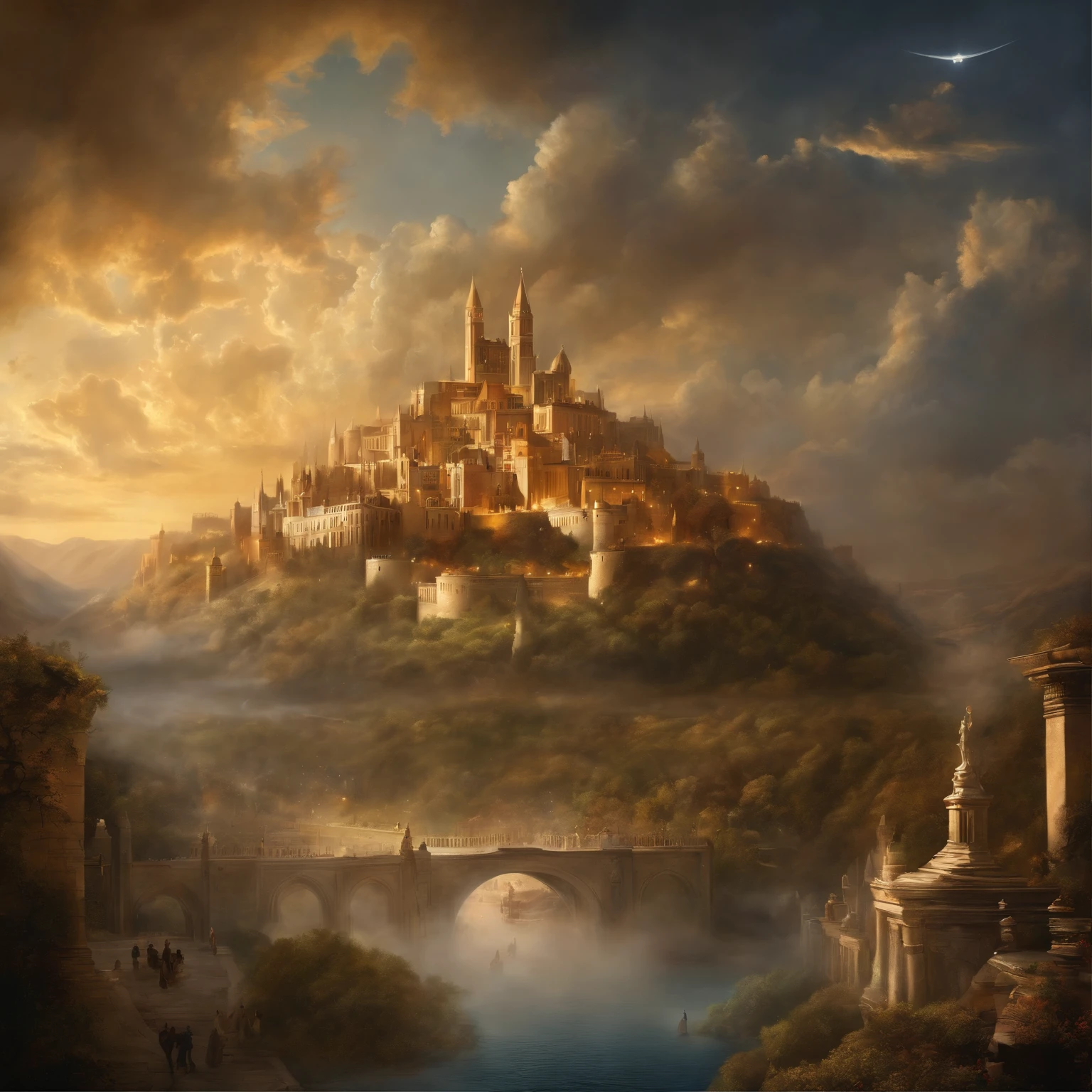 Painting of a city with a castle surrounded by angels flying around, Empyrian City, Deities々Realm of God, Utopian City, gold gates of heaven!!!!!!!!, Esoteric equation heaven, Heaven on Earth, breathtaking art, breath taking, City in the sky, City Apocalypse, City in the clouds, Elaborate dark paint