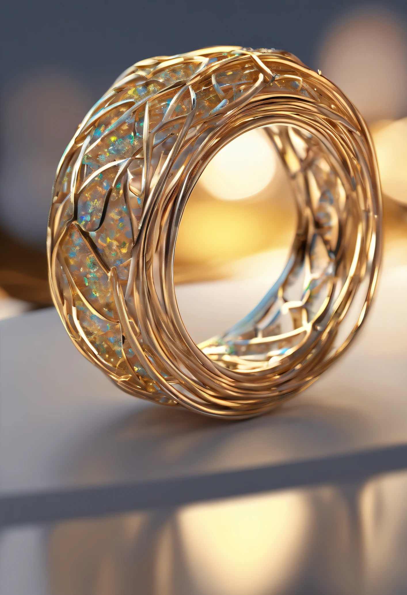 [Golden wire，Woven ring in white gold]
Golden wire，Black Gold Line,Handmade,  Even during the day. Sparkling opal adorns the middle of the ring, Evoke the timeless beauty of the night sky. , 8K resolution Q2 --upligh