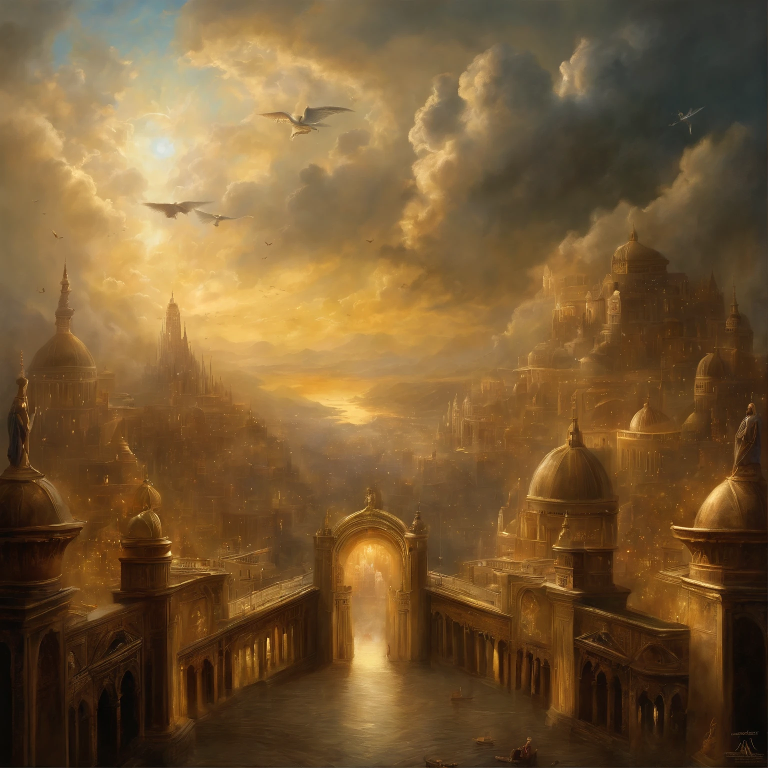 Painting of a city with a castle surrounded by angels flying around, Empyrian City, Deities々Realm of God, Utopian City, gold gates of heaven!!!!!!!!, Esoteric equation heaven, Heaven on Earth, breathtaking art, breath taking, City in the sky, City Apocalypse, City in the clouds, Elaborate dark paint