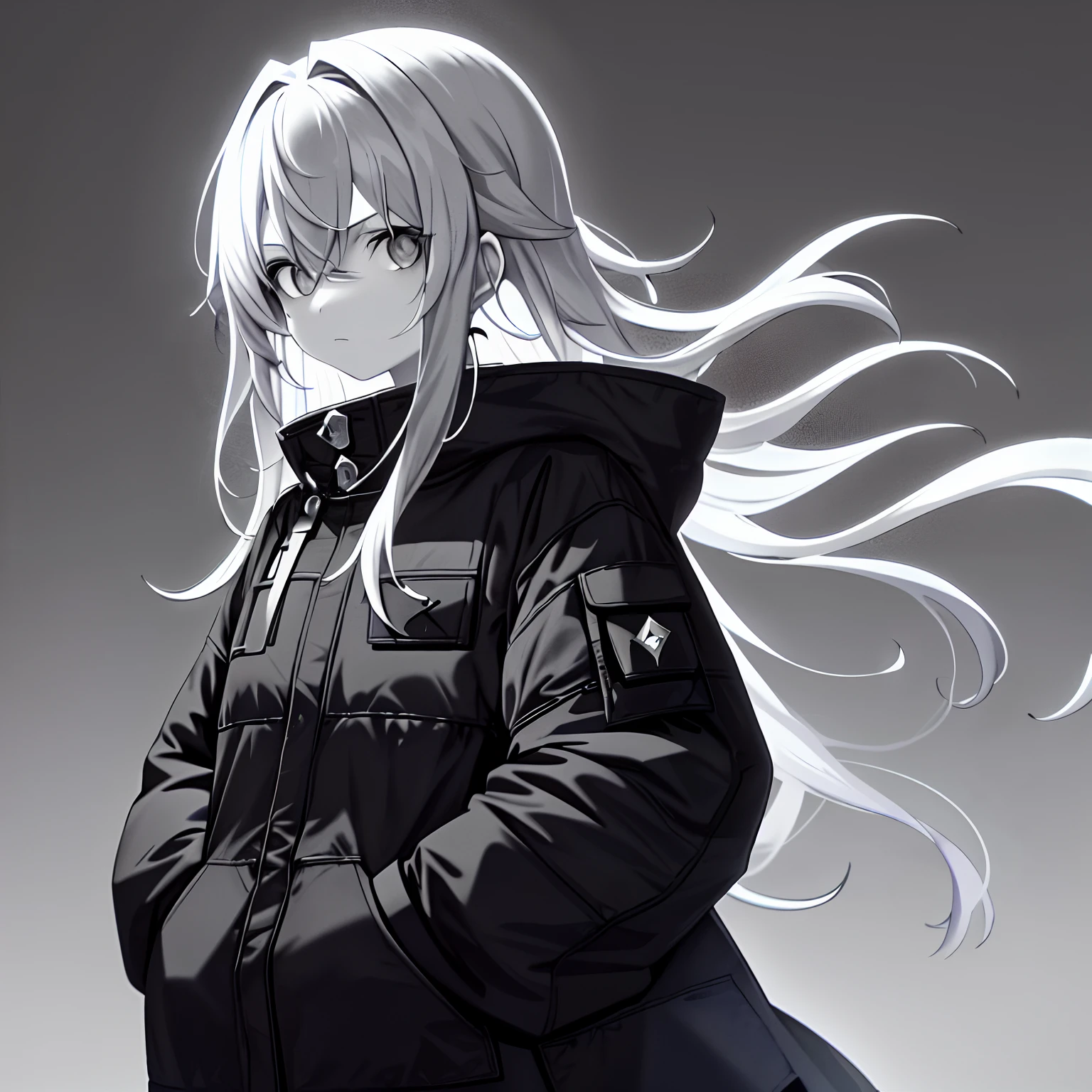 one-girl，Super lost avatar，(Works of masters)，(Cold)，(dark circles)(Best image quality)，low-saturation，(Long messy hair)，(Black and white style)，face expressionless，(Hand in pocket)，looks into camera，(Dark gray background)，(bblurry )。