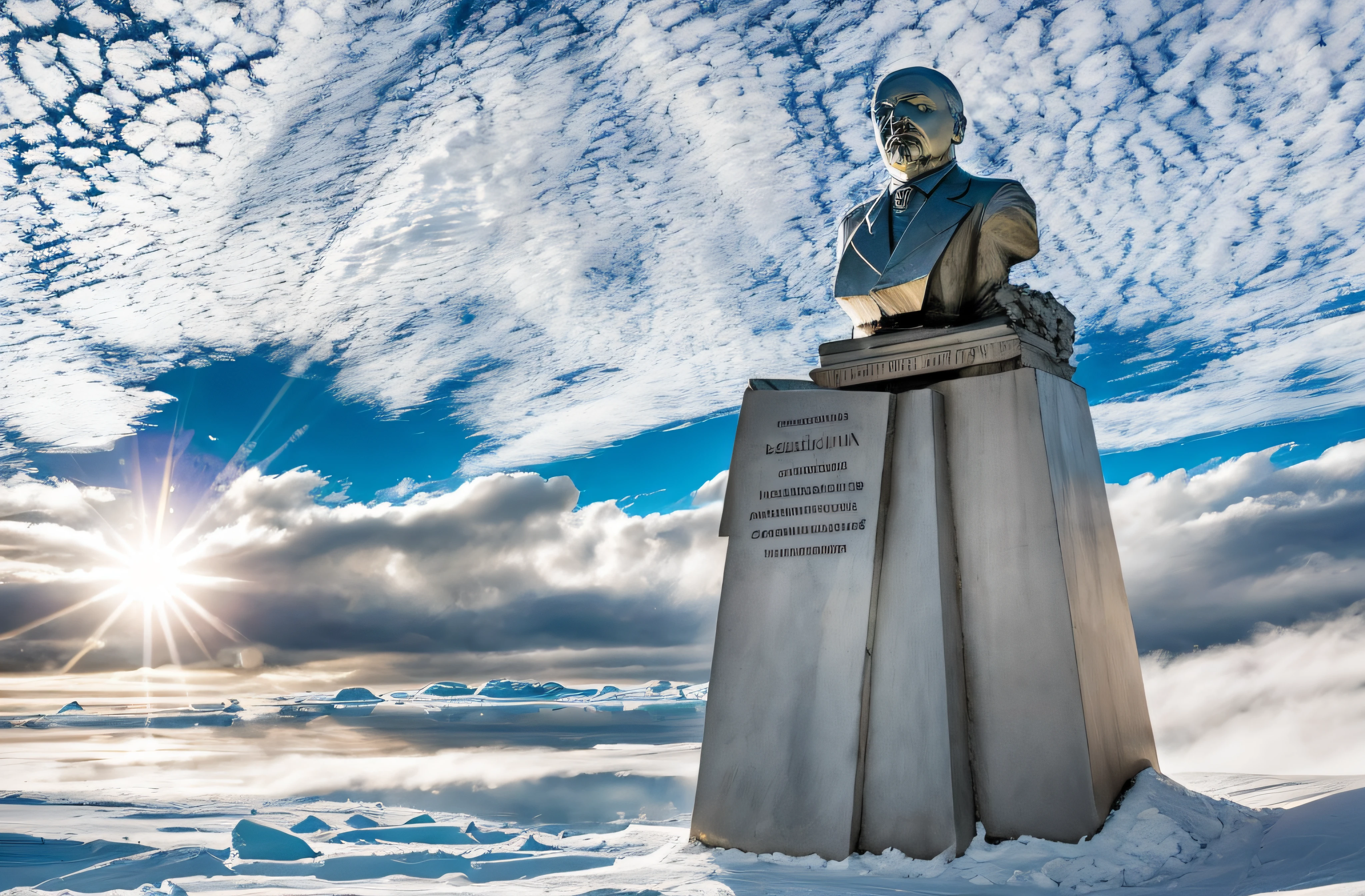 lenin's statue made of pure aluminium, reflecting in the polar sunlight