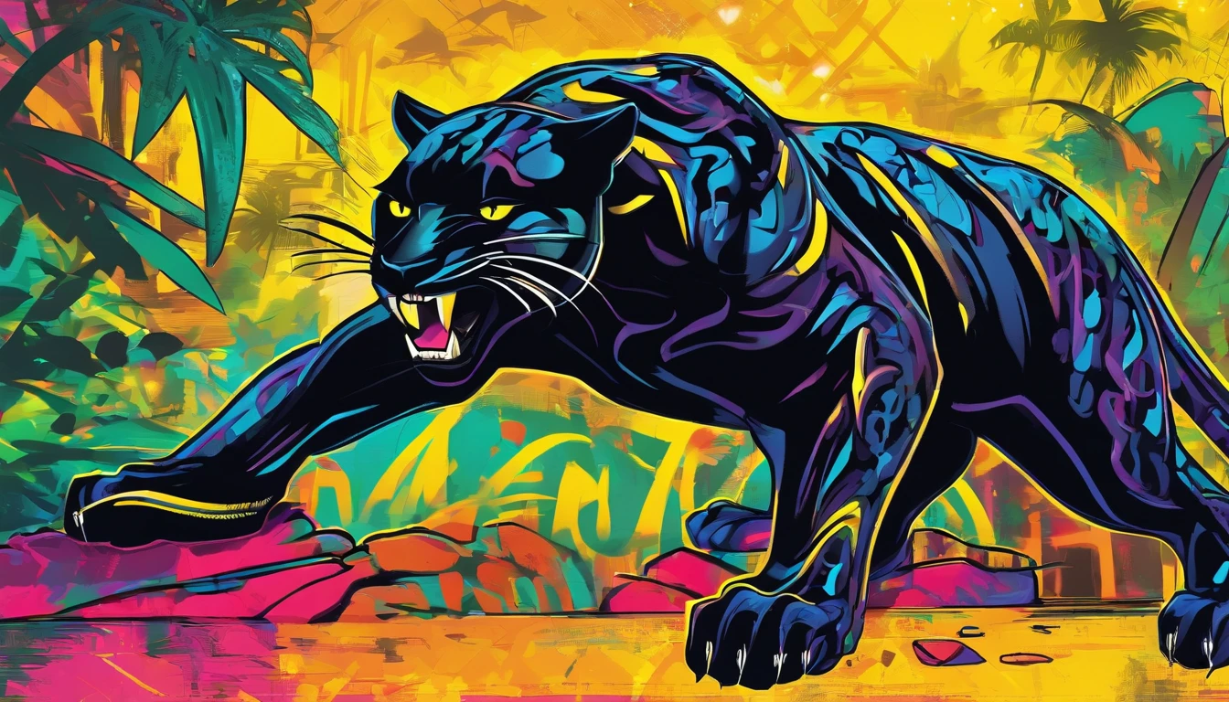 Graceful Black Panther, bright yellow eyes 1.4, Tropical Rainforest,  2D art games, Detailed character expressions, close up, in the style of soft brushstroke realism, Dark and neon colors,  ::1 neckline ::-0.5 --ar 2:3 - without splitting