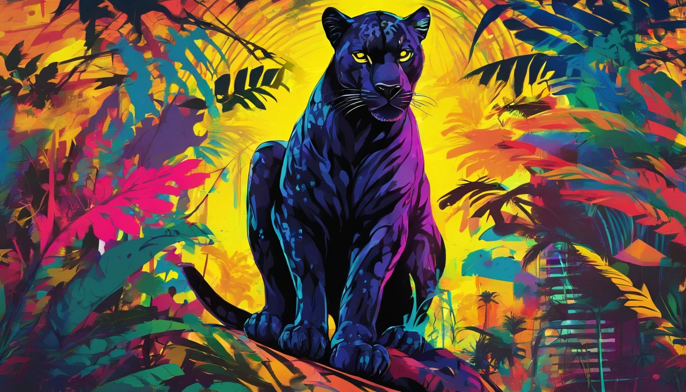 Graceful Black Panther, bright yellow eyes 1.4, Tropical Rainforest,  2D art games, Detailed character expressions, close up, in the style of soft brushstroke realism, Dark and neon colors,  ::1 neckline ::-0.5 --ar 2:3 - without splitting