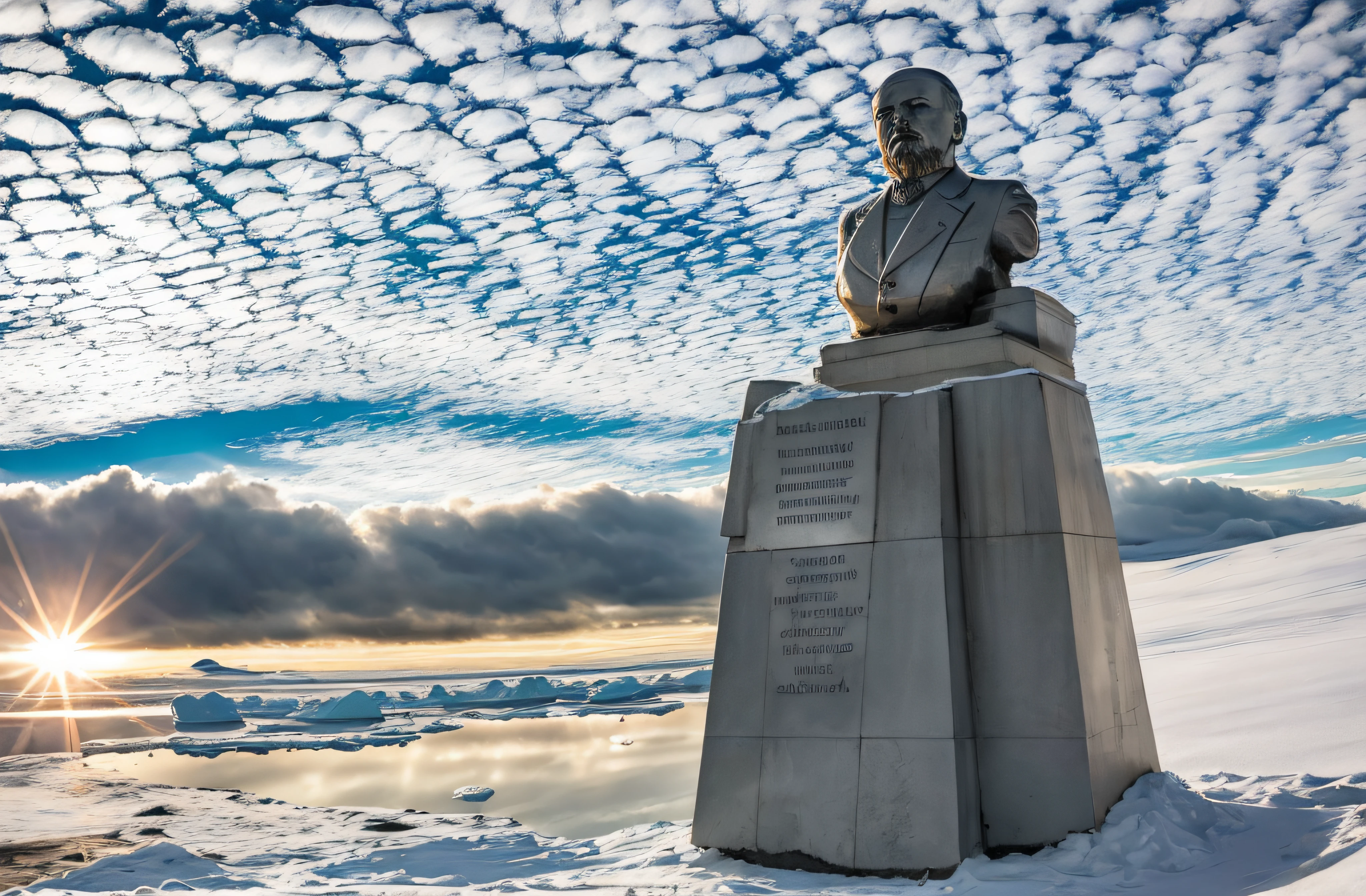 lenin's statue made of pure aluminium, reflecting in the polar sunlight
