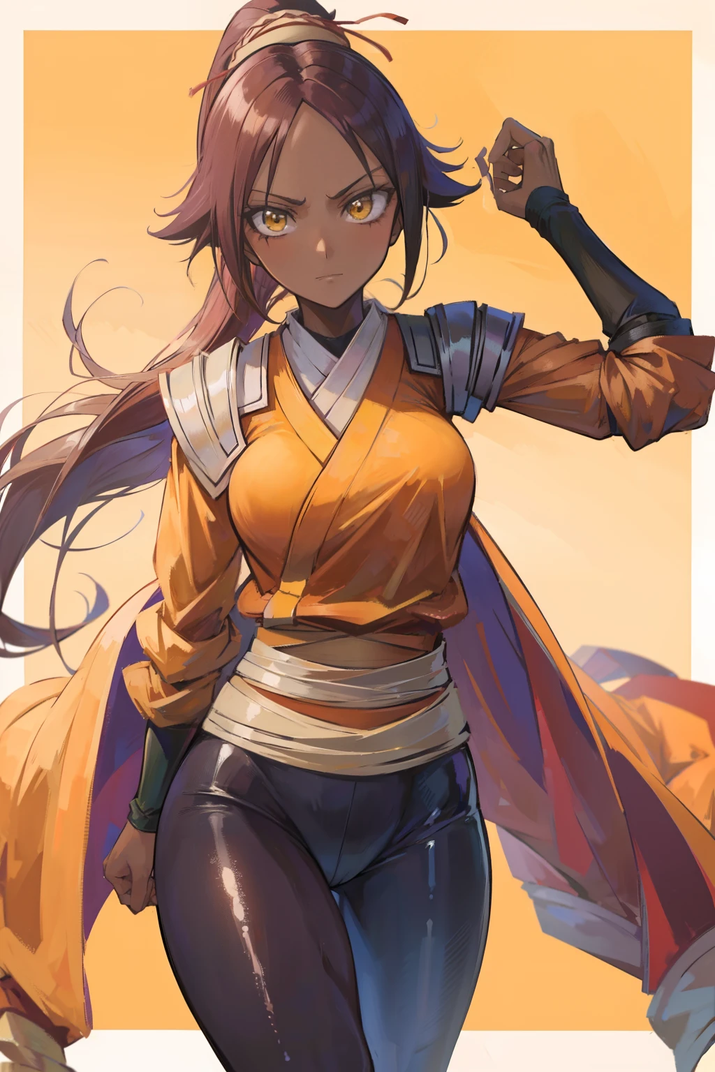 Anime girl, yoruichi from bleach, brown hair, tanned, darker skinned, mature, beautiful background, 8k, high resolution, good anatomy