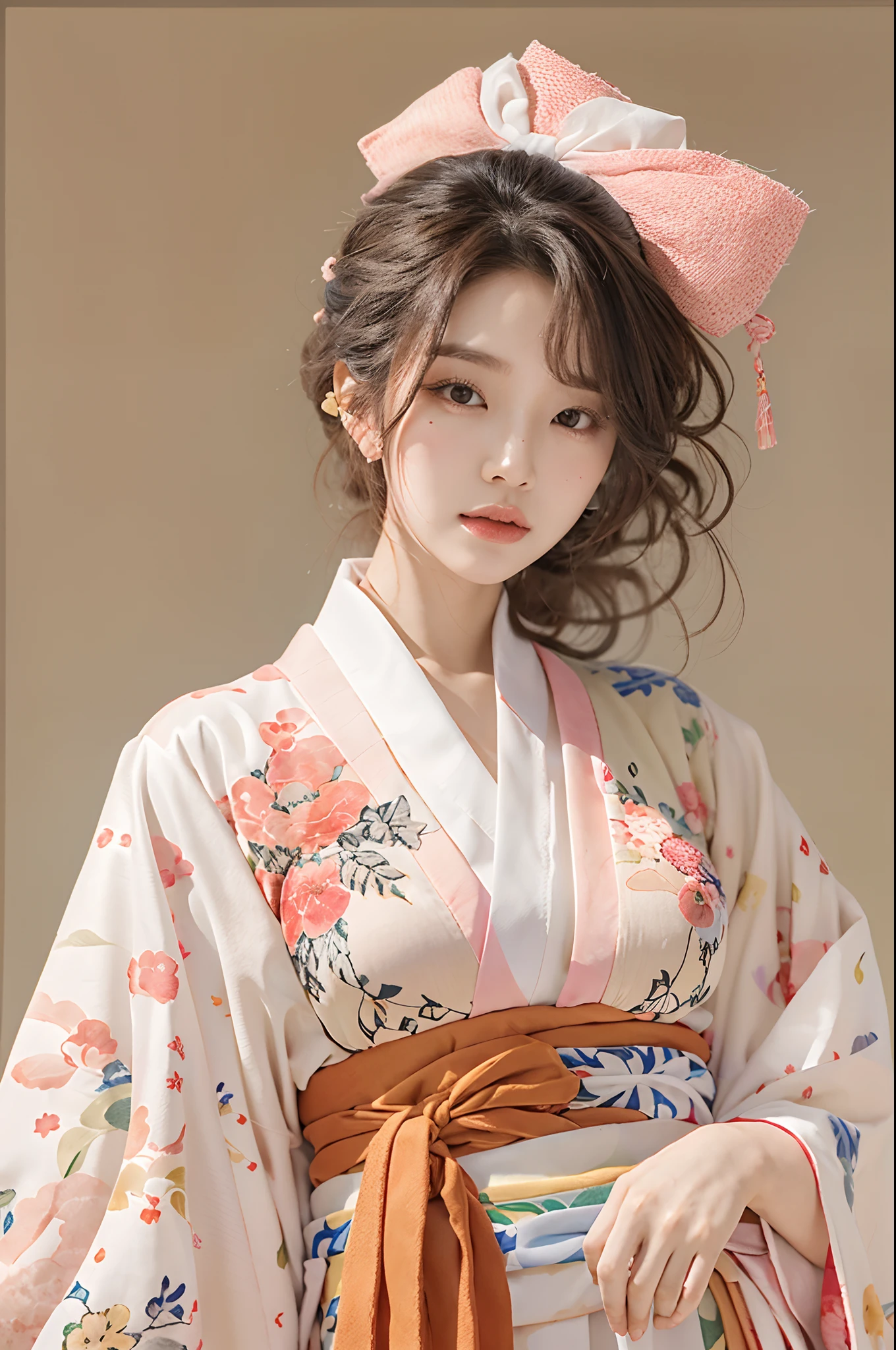 araffe woman in a kimono dress posing for a picture, in kimono, elegant japanese woman, wearing kimono, korean model, japanese kimono, japanese goddess, traditional japanese, in a kimono, wearing a kimono, pale and coloured kimono, white hanfu, kimono, wearing simple robes, classic kimono, wearing silk robe, wearing a simple robe, korean woman, heonhwa choe , big breast, show breast, light pink hair