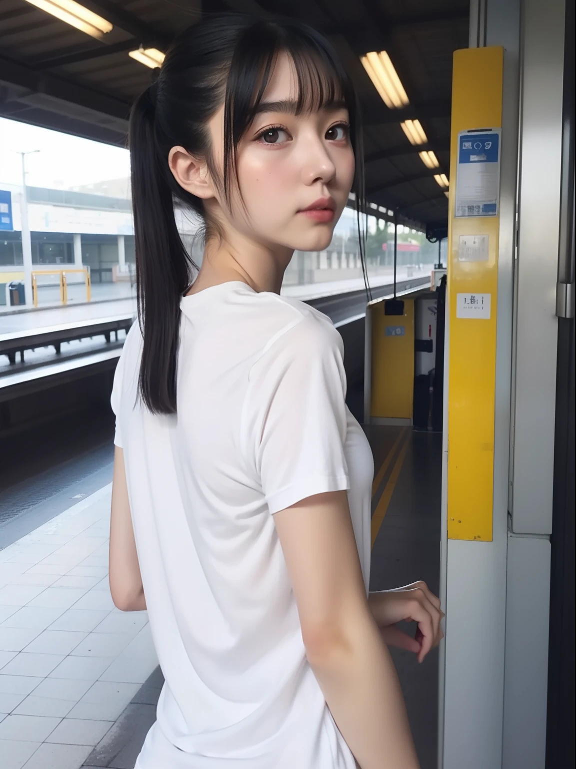 Looks Back,full bodyesbian,年轻,(Onepiece),Long white T-shirt,teens girl,Delicate body,petite body,Delicate body,small tits,tiny chest,Short,A dark-haired,Twin-tailed,poneyTail,Railway stations