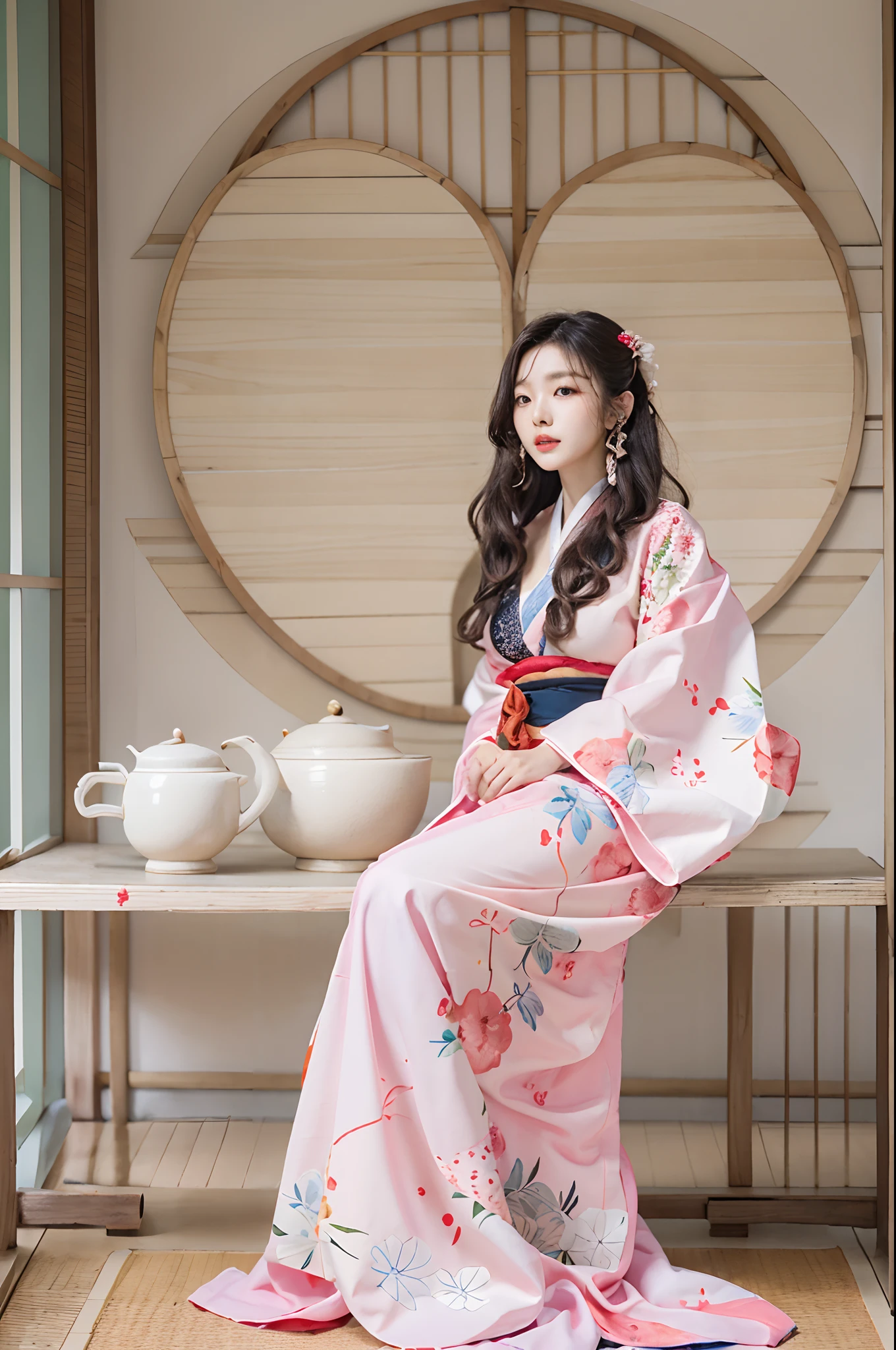 araffe woman in a kimono dress posing for a picture, in kimono, elegant japanese woman, wearing kimono, korean model, japanese kimono, japanese goddess, traditional japanese, in a kimono, wearing a kimono, pale and coloured kimono, white hanfu, kimono, wearing simple robes, classic kimono, wearing silk robe, wearing a simple robe, korean woman, heonhwa choe , big breast, show breast, light pink hair