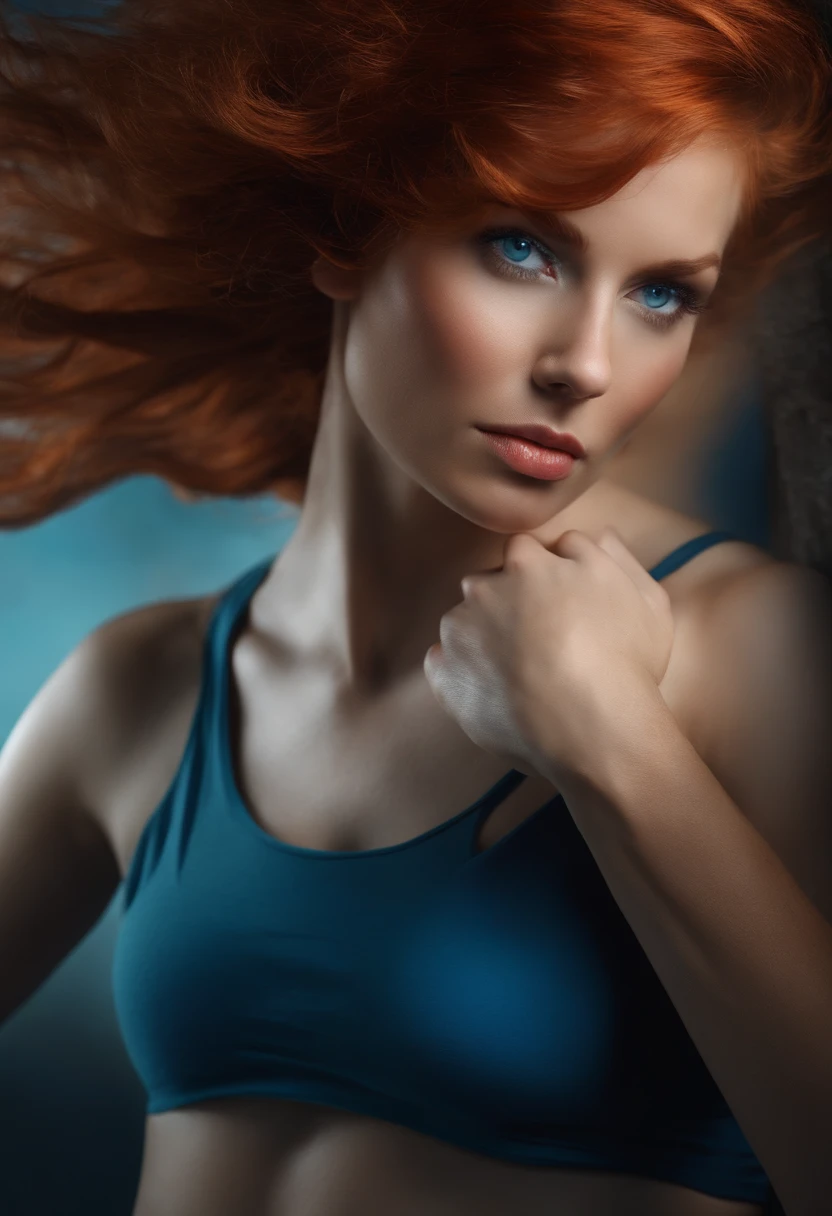 Woman, big breasts, redhead, blue eyes, sweat through visible innunderarm