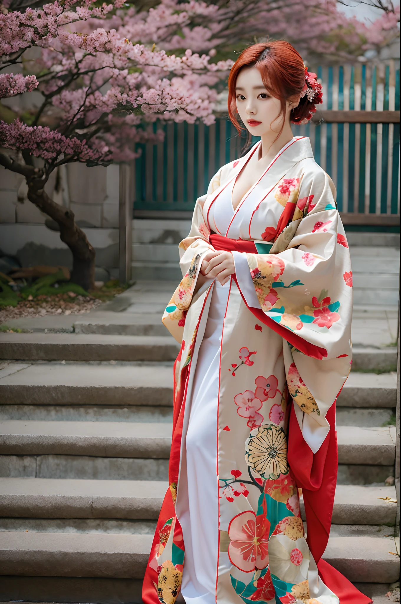 araffe woman in a kimono dress posing for a picture, in kimono, elegant japanese woman, wearing kimono, korean model, japanese kimono, japanese goddess, traditional japanese, in a kimono, wearing a kimono, pale and coloured kimono, white hanfu, kimono, wearing simple robes, classic kimono, wearing silk robe, wearing a simple robe, korean woman, heonhwa choe , big breast, show breast, light red hair