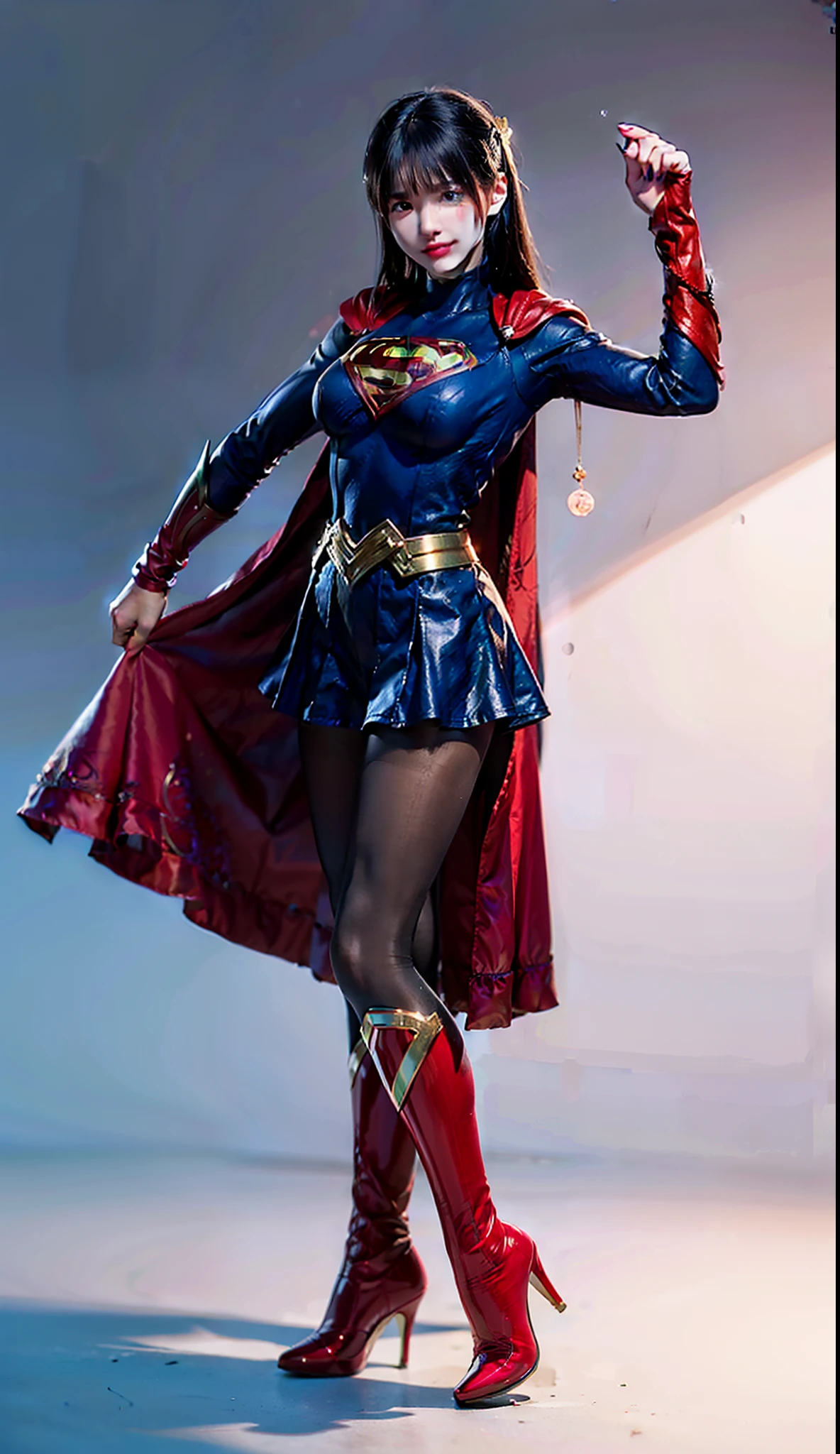 (((Be sure to wear black tights)))、(((Keep your background simple)))、(((Make the most of the original image)))、(((Supergirl Costume)))、(((shiny short hair)))、(((Suffering)))、(((Feet must necessarily be worn with black tights)))、(((Smile)))、(((You need to wear red boots)))、((Top image quality、8K))、((top-quality、8K、masterpiece:1.3))、(((Keep your background simple)))、Crisp focus:1.2、Beautiful woman with perfect body shape:1.4、Slender Abs:1.2、((layers-Cut、large boob:1.2))、a wet body:1.5、Highly detailed facial and skin texture、