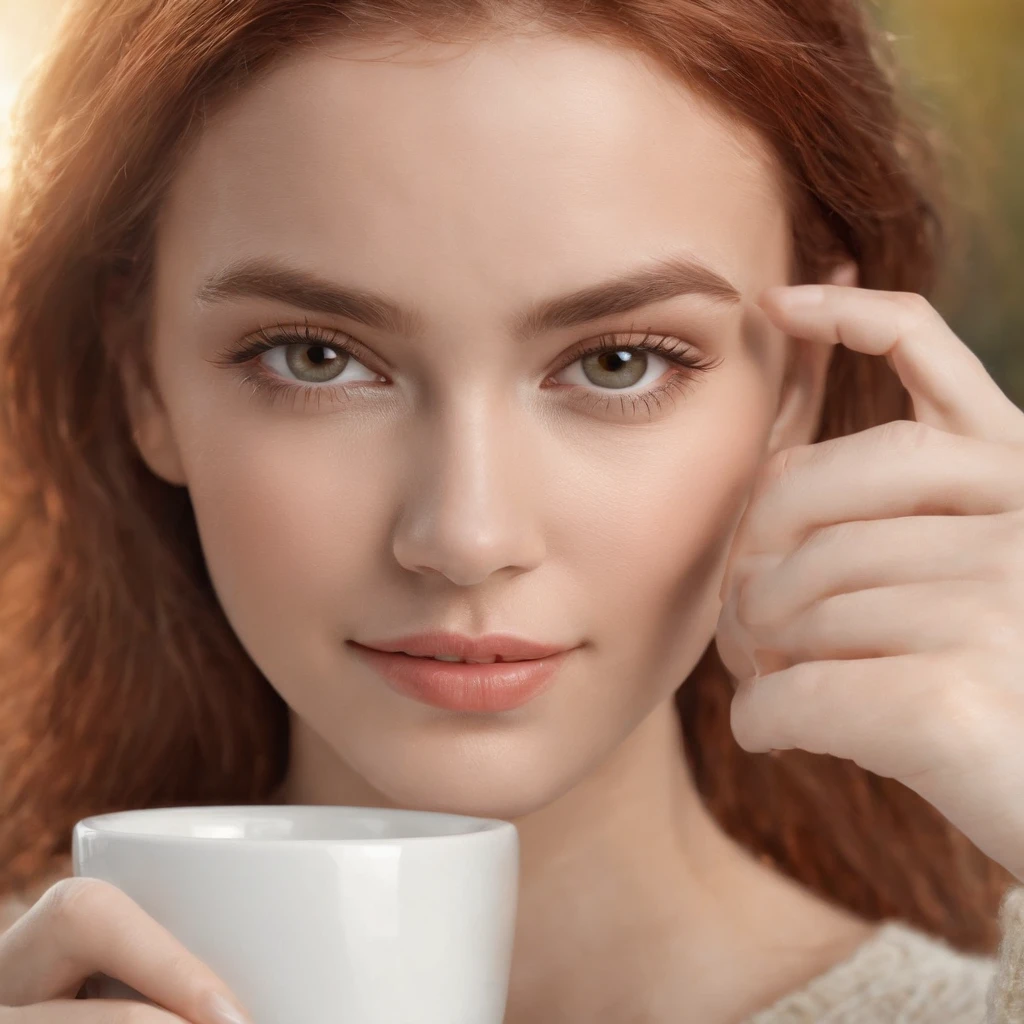 Beautiful redhead wearing a beige sweater (Holding a cup of coffee in a modern café at sunset), Very detailed, 21 anos, rosto inocente, cabelos cacheados naturais, olhos azuis, high resolution, master part, best quality, detalhes intrincados, altamente detalhado, foco nítido, pele detalhada, textura de pele realista, textura, olhos detalhados, profissional, 4k, sorriso encantador, filmado em canon, 85 millimeters, profundidade de campo rasa, Kodak Color Vision, corpo de ajuste perfeito, extremamente detalhado, fotografia_\(Ultra\), photoreallistic, realista, Post-processing, maximum details, rugosidade, vida real, Ultra realista, renderizado, fotografia, 8k UHD, fotografia n_style: deformed hands, extra fingers Seed:232340