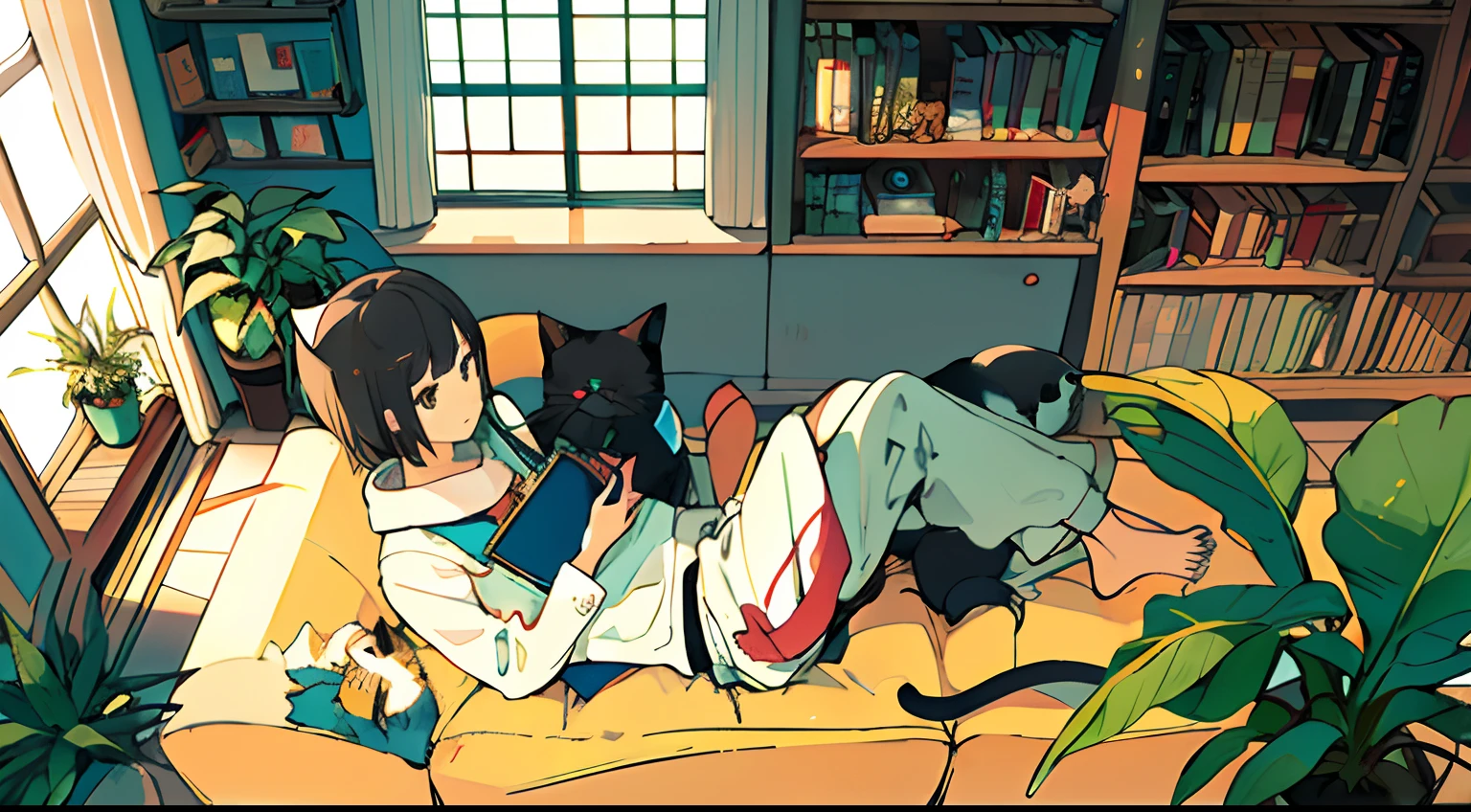 One girl, from above, plant, black hair, cat, lying down, indoors, holding, long sleeve, long hair, stuffed animal, potted plant, book, food, window, telephone, loaded interior, television, short hair, on the back, plush toy, bangs, slippers, barefoot, sitting, bookcase, shelf, cable, computer