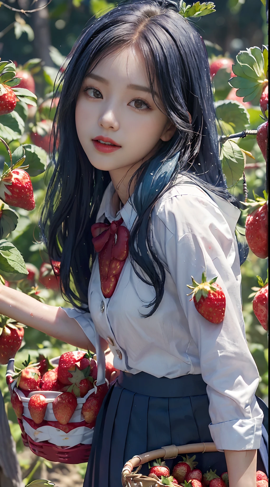 best quality, ultra high res, (1 girl:1.4), solo,(upper body:1.2), (photorealistic:1.4), (pretty teengirl:1.2),big breasts,balck long hair, parted bangs,air bangs, red lips,light_smile,(shot hair), wet, messy_blue hair, stick out,(school uniform:1.4),white shirt with blue collar, blue shorts,(looking at viewer:1.4),(a basket on her forearm:1.4),(picking strawberries:1.4), (strawberry farm:1.4), (rows of plants:1.4), (red berries:1.4), green leaves, sunshine, (baskets:1.2), picking,(pureerosface_v1:0.5)