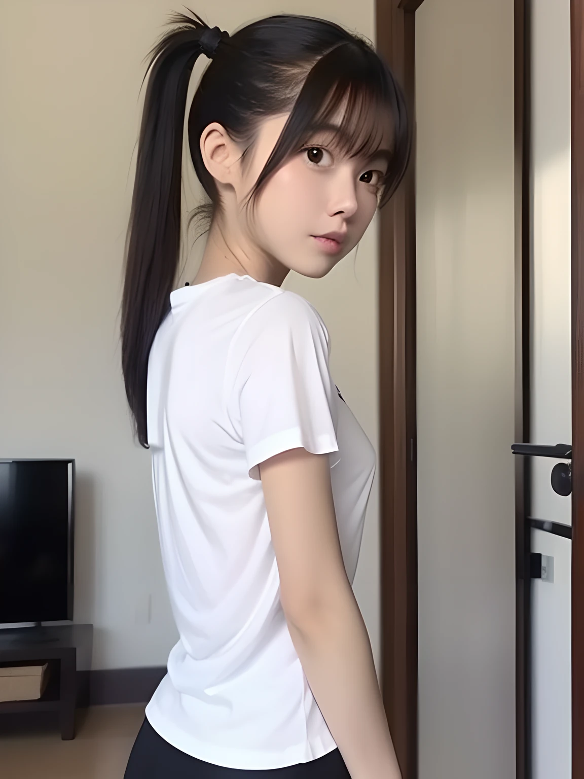 Looks Back，年轻，(shortpants)，white t-shirts，teens girl，Delicate body，ite body，Delicate body，small tits，tiny chest，Short，A dark-haired，Twin-tailed，poneyTail，station