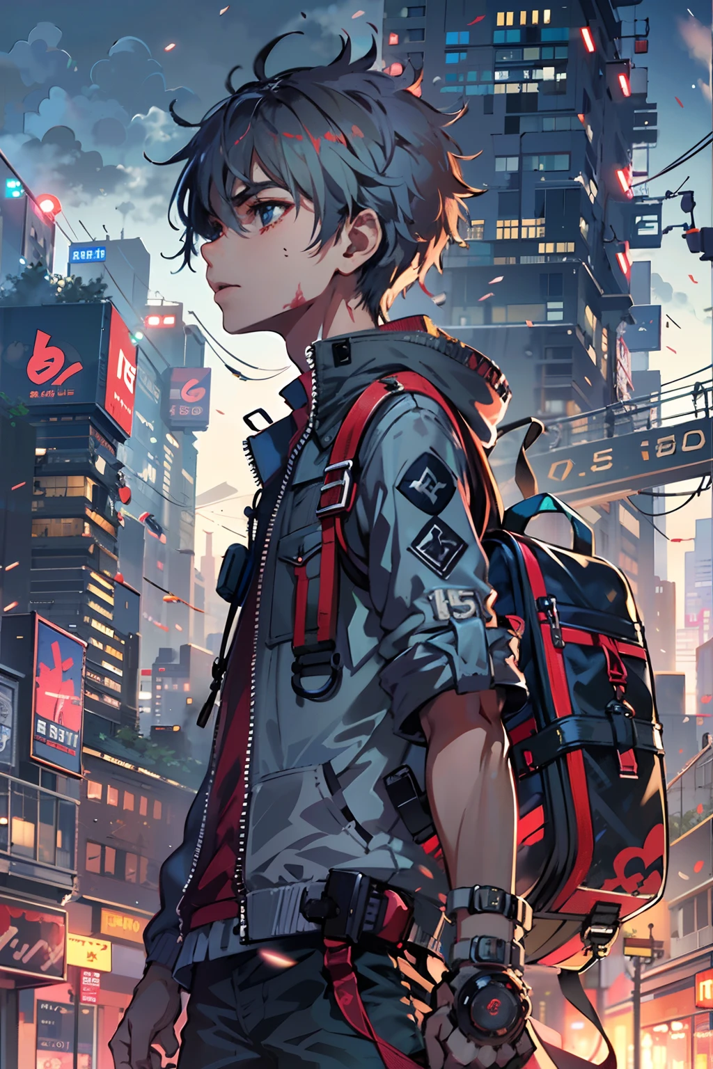 1boy,(15 years old boy:2)、Anime-style protagonist、Cyberpunk Boy、katanas,machine gun、silber hair、Spiky hairstyle、Whole body bloody、Shot from the knee up、Looking at the camera、Overhead view of the composition、The beginning of the adventure、Lots of clouds,heavy fog、Lightning、Chaotic city of the future、ruined and devastated city、dystopian、A very complex group of Chinese buildings stands in the center、Highly complex Chinese buildings、Warm lighting、puddles、Chaotic landscape、Beautiful and fantastic scenery、Cinematic scenery、hightquality、masutepiece,8K、hight resolution、ultra-detailliert,