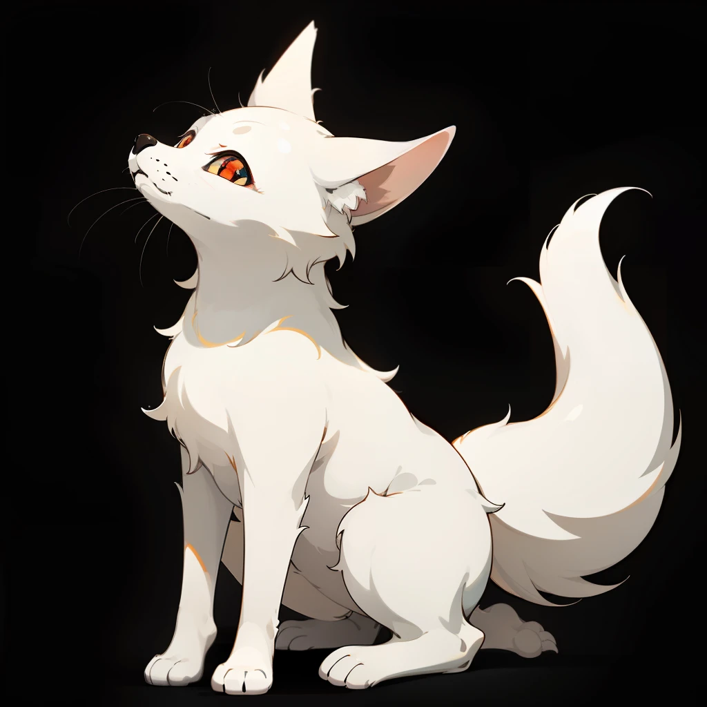 (best quality,ultra-detailed),(anime style),(vivid colors:1.1),(bokeh:1.1),artistic,tail up,carefully drawn,soft texture,striking contrast,elegant posture,delicate features,adorable expression,focus on the eyes,charming gaze,playful demeanor,endearing,mesmerizing,subtle shadowing,subdued lighting,attention to detail,highly defined whiskers,sleek and smooth fur,pure color palette,glossy finish,full body,close-up view,simple composition,sublime simplicity,depth and dimension,exquisite beauty,emotive and captivating,A cute little white fox in the black background,red eyes,white fur,full body,no background,small,