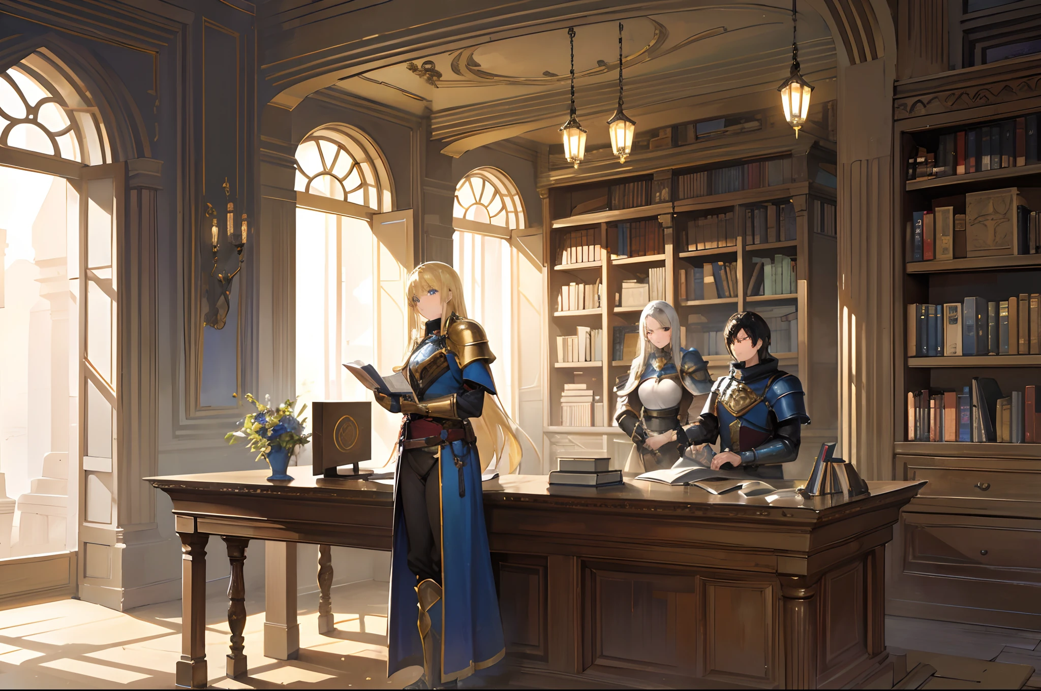 amidst the tranquil beauty of the ancient library, where shelves of weathered tomes held the knowledge of generations, a paladin in black hair and golden armour is studying beside another man with blonde hair and blue armour