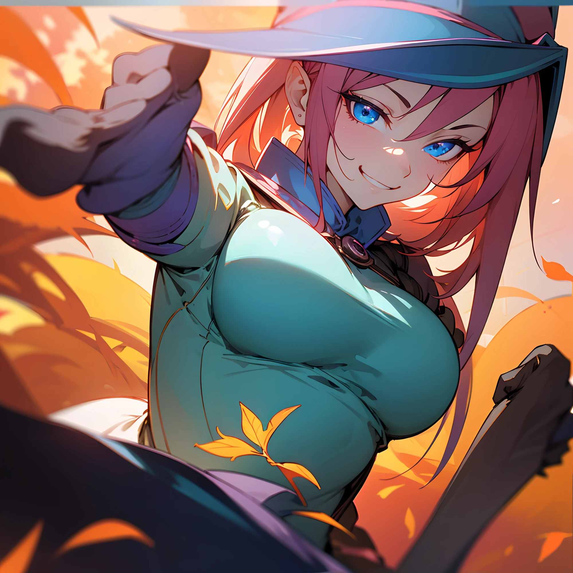Dark Magician Girl、MKSKS style、1 persons、(highly detailed back ground:1.0)、(highly detailed back ground:1.0)、masterpiece、top-quality、超A high resolution、8K、upper Shot、Looking back、(1/Two apple colors and one/2 pear-colored hair)、BREAK、Detailed skin、glowy skin、(A detailed eye、Blue eyes)、Burning cheeks、(Smirk:1.4)、Large breasts、Break HA、(Light clothing:1.6、Detailed clothing)、looking in camera、(a park:1.5、Colored leaves)