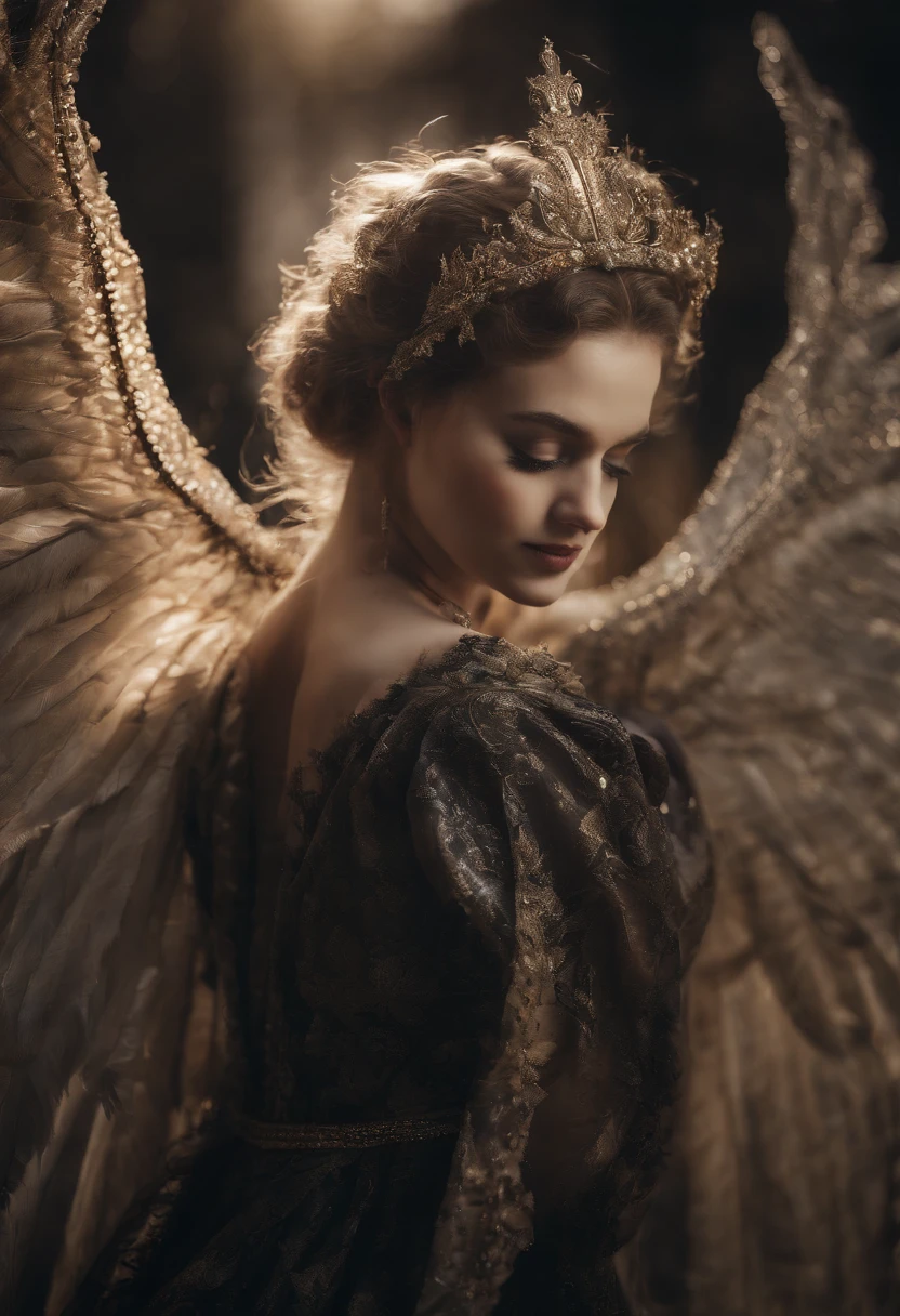 Fallen Angels of the Universe, Bright light eyes, biomechanical, creepy, creepy, nightmarish, Very bright colors, light Particle, With a shining light, , Wallpaper Art, Wallpapers UHD, medieval clothing、-yeld beiful girl、Angel wings、a baby face