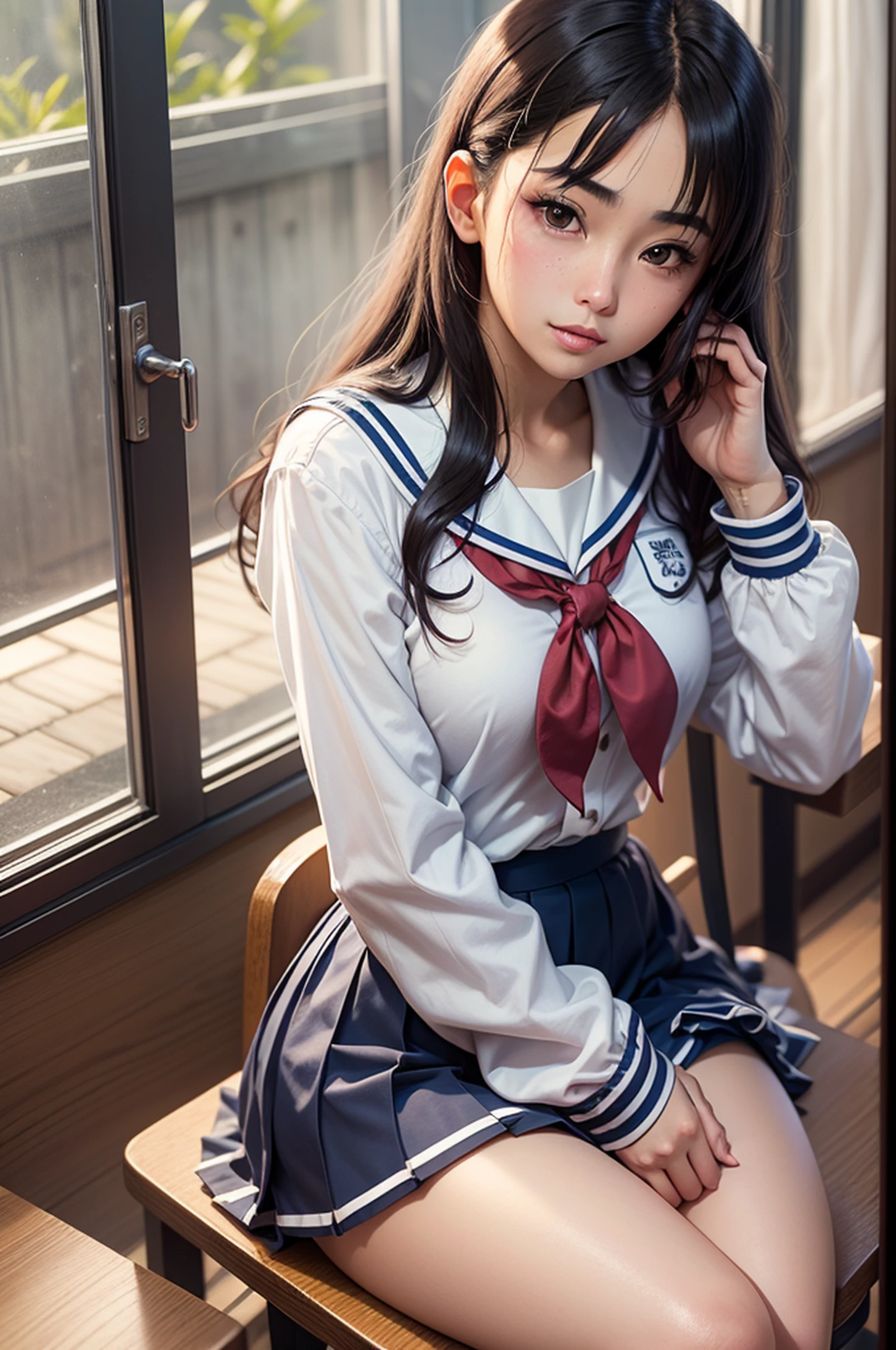(Highly detailed CG、unity、8k wallpaperはとても繊細で美しい)、(masterpiece)、(highest quality:1.0)、(超A high resolution:1.0)、beautiful lighting、perfect lightning、realistic shadow、[High resolution]、fine skin、super detailed、detailed face and eyes、realistic eyes、sharp pupils、big breasts, inside the classroom、School、sunset、beautiful face、blurred background、16 year old beautiful girl、shiny skin、side up、beautiful black hair、dull bangs、sailor suit、pleated mini skirt、gentle smile、NSFW, ((table top, highest quality)), (shiny skin), (nsfw, 8k wallpaper, High resolution), cinematic lighting, Physically based rendering, award-winning, highly detailed skin, highly detailed face, Beautiful eyes in every detail, Carl Zeiss 85mm F/1.4, (((1 female, have ))), (Cowgirl:1.3), (cumin , on the chest and thighs), She&#39;s a very cute 16 year old , (brown hair, straight long hair, open your eyes, round face), Big cleavage, (sailor blouse, Pull up the pleated skirt yourself:1.3), (((blush your nose, Naughty))), watching from a distance, drool and flow, (spread your legs, thigh focus), In the classroom, Man lying on the floor、 blue hour, shot from below,sailor blouseから何か大きなものが見えます、