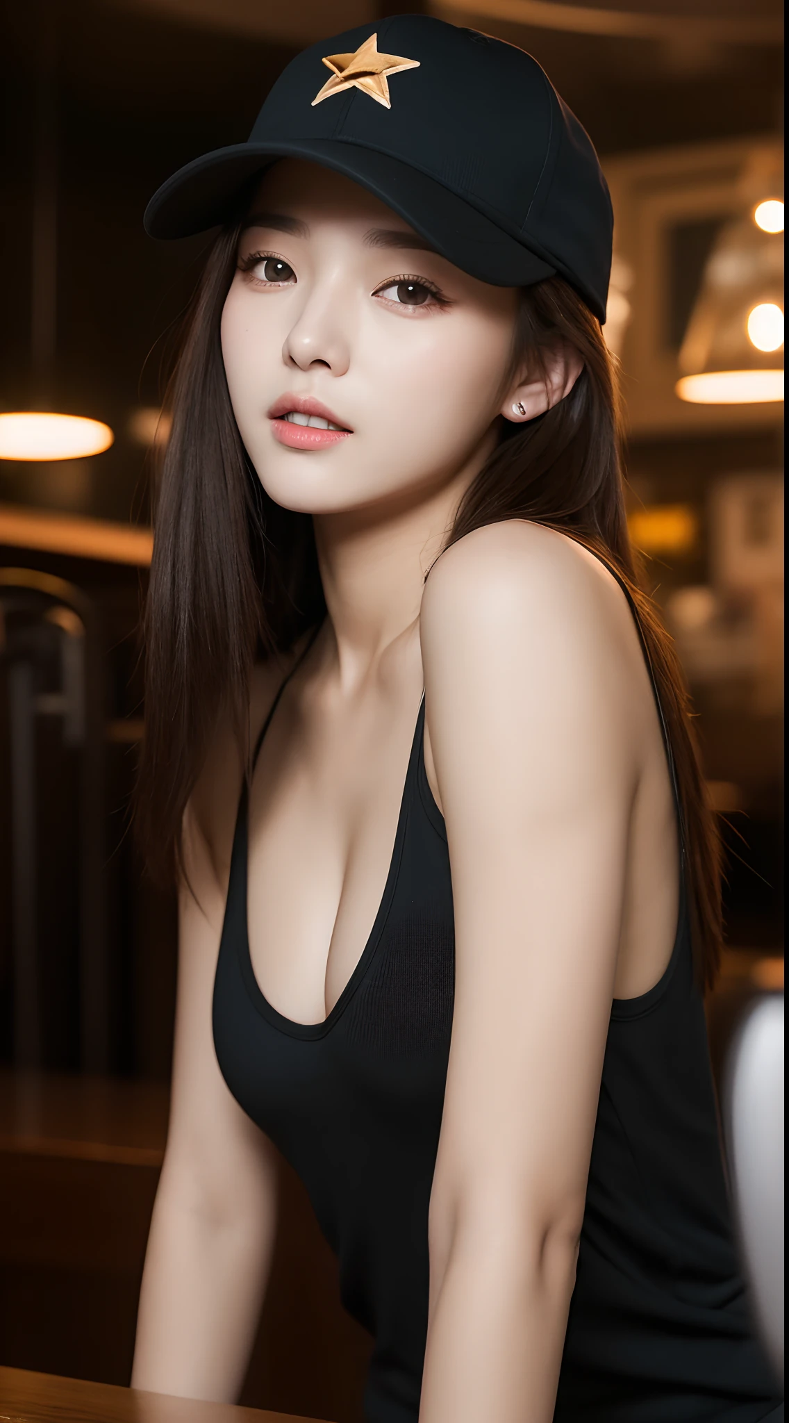Realistic photos of (1 cute Korean star) straight hair, thin makeup, 32 inch breasts size, wearing tank top, pants, wearing baseball cap, rest one's chin on one's hands, at the table, in the bar, close-up portrait, UHD