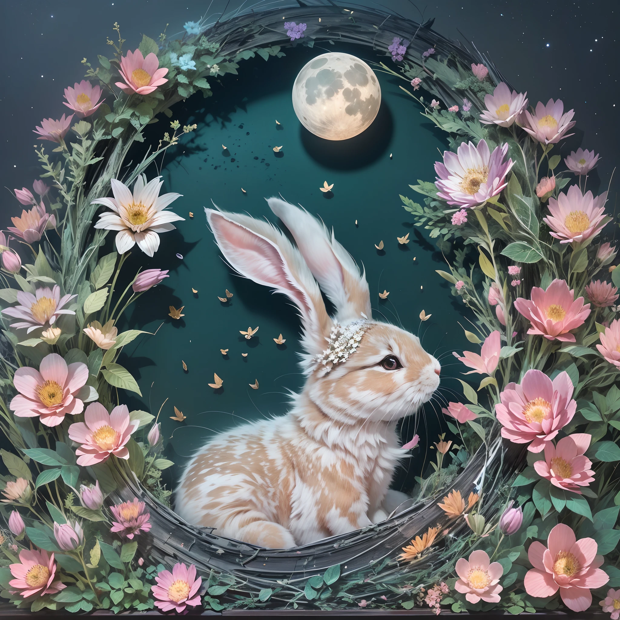 In this ultra-detailed CG art，A moon，during night，starrysky，adorable rabbit,(Paper Cuttings style:fresh flowers.Fujiman)，Best quality at best，A high resolution，Complicated details，fanciful，Romantic,