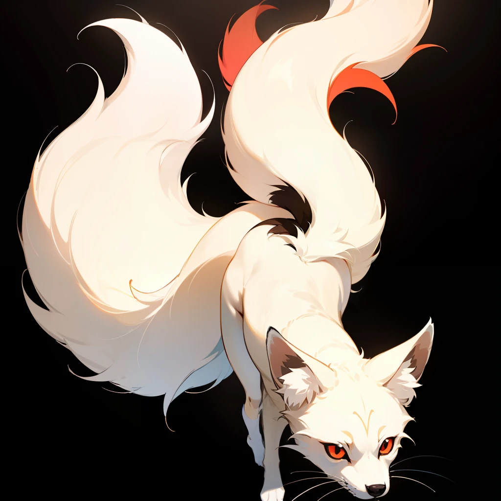 (best quality,ultra-detailed),(anime style),(vivid colors:1.1),(bokeh:1.1),artistic,tail up,carefully drawn,soft texture,striking contrast,elegant posture,delicate features,adorable expression,focus on the eyes,charming gaze,playful demeanor,endearing,mesmerizing,subtle shadowing,subdued lighting,attention to detail,highly defined whiskers,sleek and smooth fur,pure color palette,glossy finish,full body,close-up view,simple composition,sublime simplicity,depth and dimension,exquisite beauty,emotive and captivating,A cute little white fox in the black background,red eyes,white fur,full body,no background,small,