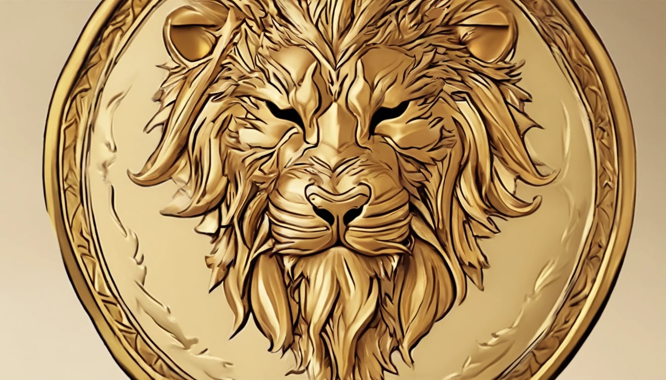 Game medallion with metal lion head closeup with crown，Close-up of dragon head，hearthstone art style, Hearthstone style art, hearthstone concept art, Riot game concept art, style of league of legends, iconic character splash art, League of Legends crown，Game badge，Surrounding metal feathers，Red gold，c4d渲染，Less detail，less detailing，Huge metal tiger head in the middle