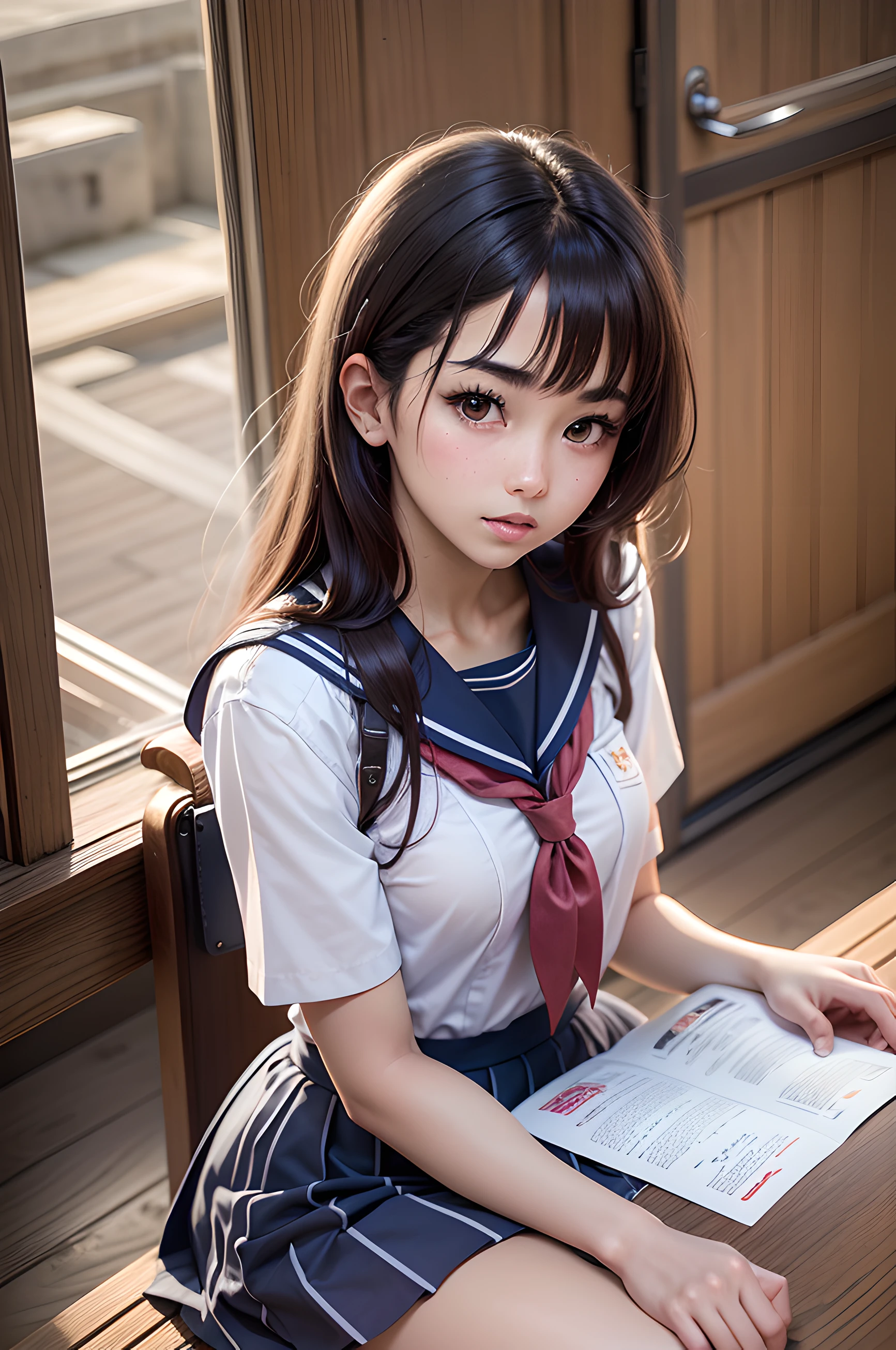 Arab-asian woman in sailor's uniform sitting at table, wearing japanese school uniform, of a schoolgirl posing, japanese girl school uniform, Cute Schoolgirl, Japan school uniform, Young Pretty Gravure Idol, Young Gravure Idol, Young skinny gravure idol, Young Sensual Gravure Idol, a hyperrealistic schoolgirl, Sailor Uniform