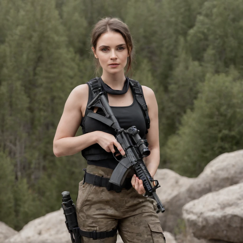 arafed woman in camouflage holding a gun on a rocky hill, a portrait by Emma Andijewska, tumblr, dada, aleksandra waliszewska, photograph of a techwear woman, karolina cummings, 🤬 🤮 💕 🎀, full body view, angelina stroganova, military girl, with pistol, cute girl wearing tank suit