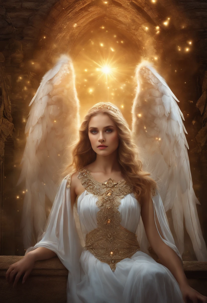 Fallen Angels of the Universe, Bright light eyes, biomechanical, creepy, creepy, nightmarish, Very bright colors, light Particle, With a shining light, , Wallpaper Art, Wallpapers UHD, medieval clothing、-yeld beiful girl、Angel wings、a baby face