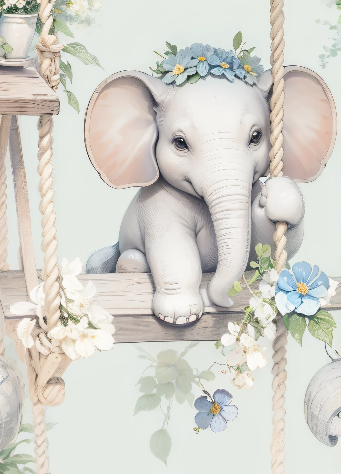 melhorar qualidade, pintura estilo sketch art, elefantinha jovem fofinha, sorrindo, Light wooden swing with small flowers