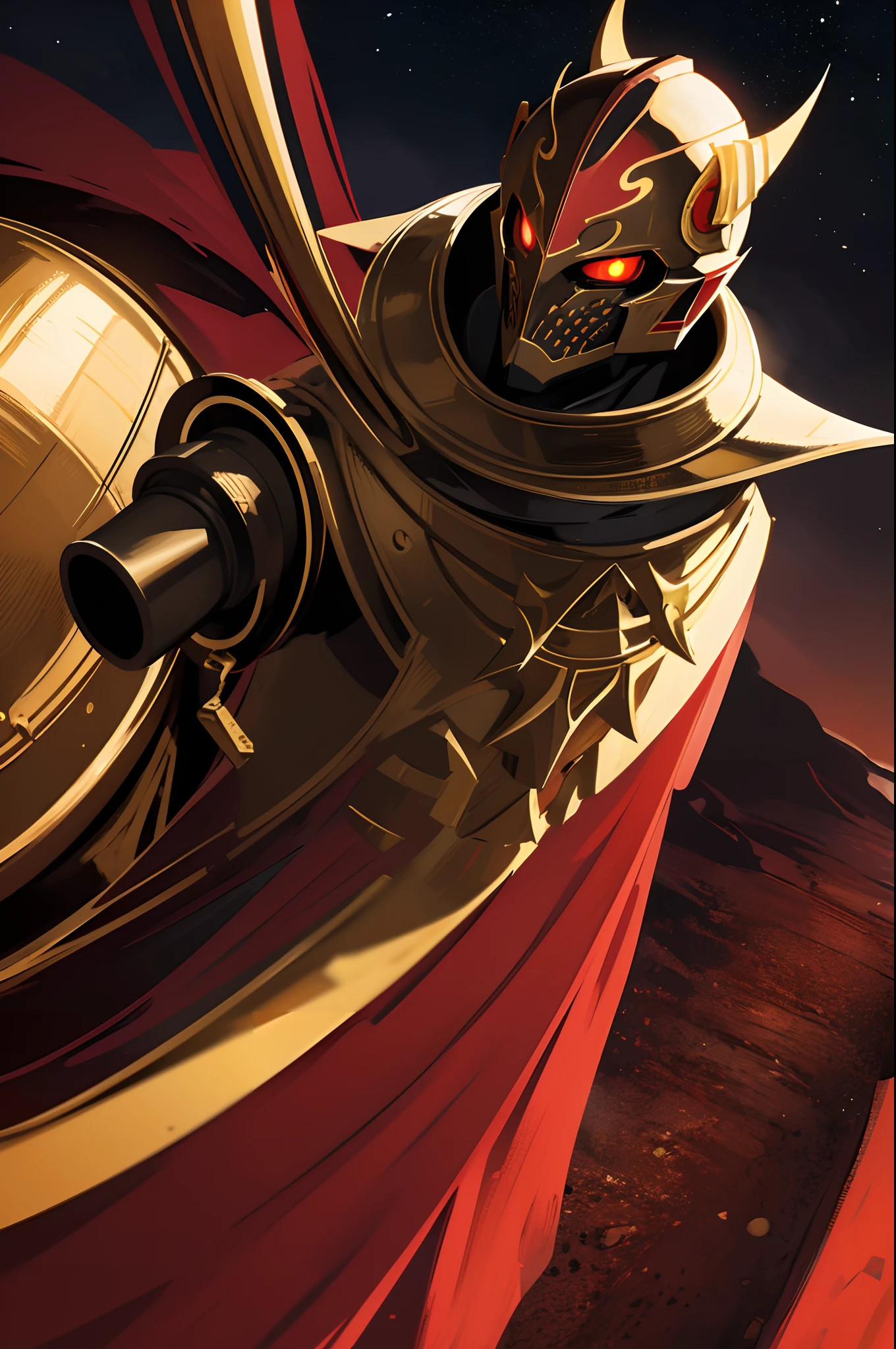 knight with dark armor with red and golden designs, menacing, bright golden eyes, dark sky, night time, evil grin, helmet, dark atmosphere, hd, highres