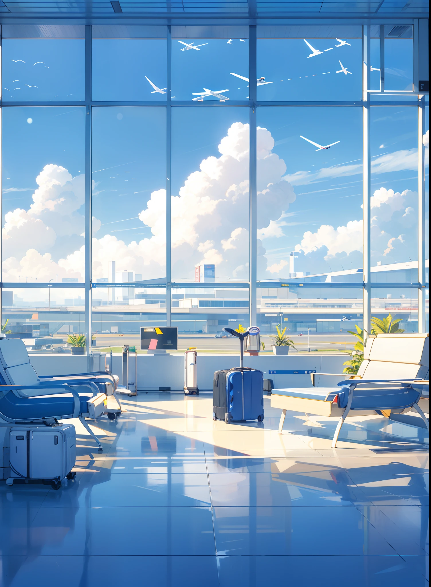 Large panoramic window, from which the planes are visible, morning, Airport Terminal