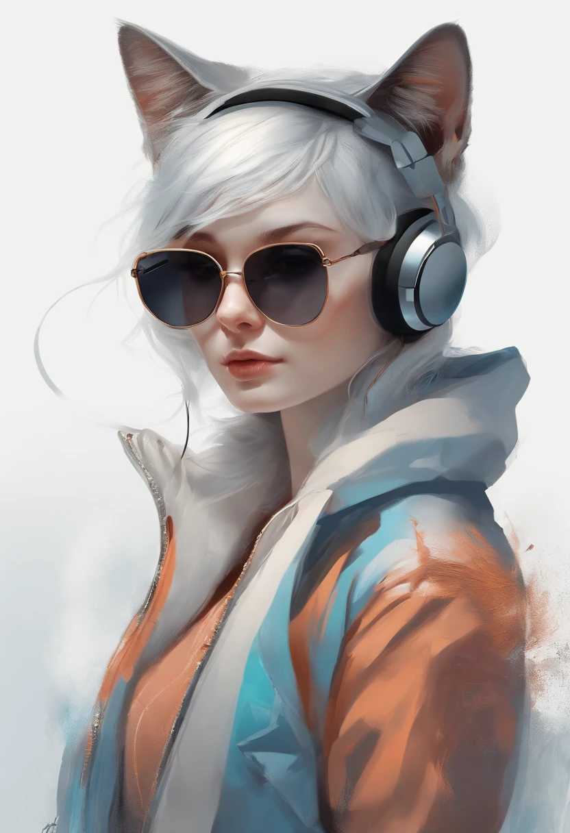 Perfect centering, a cute little cat, Wear a student jacket, Wearing sunglasses, Wearing headphones, Standing position, Abstract beauty, Centered, Looking at the camera, Facing the camera, nearing perfection, Dynamic, Moonlight, Highly detailed, Digital painting, art stations, concept-art, smooth, Sharp focus, 8K, high definition resolution, illustration, Art by Carne Griffiths and Wadim Kashin, White background