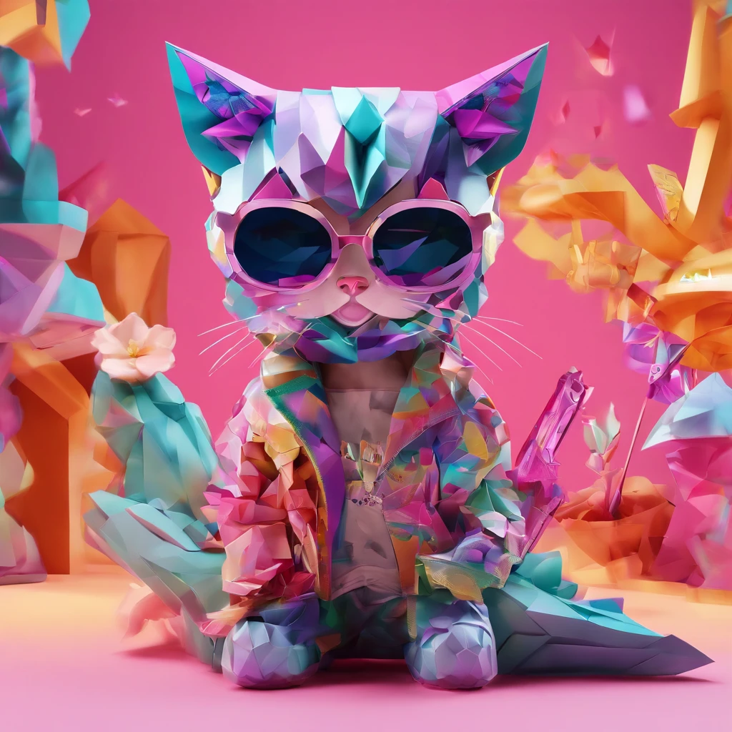 In a whimsical kawaii cafe, Kitten Fluffy, crafted from highly detailed curling, thin glowing multi-colored smoke, dons a rose flower hoodie and fancy funny stylish giant shiny sunglasses. Against a backdrop of vibrant neon typography spelling VIKUSIA, FAINOHO DNIA, capture its enchantment in a digital art masterpiece. Incorporate volumetric 3D rendering, Octane render, and vibrant graffiti elements to create a fantasy illustration that showcases its fashion-forward style. Make it pop with a poster-worthy 3D render that embraces the essence of this captivating character ((stunningly tantalizing view)). 3D, highly detailed, sharp focus, 8K, ultra quality, UHD, crystal clear, bokeh. Black magic Pocket Cinema Camera 6K Pro with Sigma 18-35mm f/1.8 DC HSM Art lens Canon EOS 5D Mark IV camera with a Canon EF 24-70mm f/2.8L II USM lens --ar 9:16 --v 5.2 --s 750, architecture, vibrant, wildlife photography, portrait photography, fashion, cinematic, typography, 3d render, poster, photo