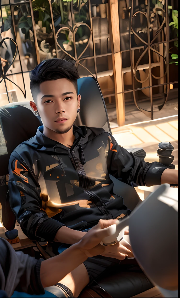 Boy with black hoddie,stylish hair,playing freefire in pc,a cup of tea on table,realistic 4k Hd