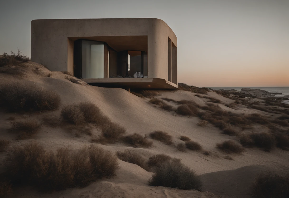 a photo of a cave style brutalist concrete architecture structure residence in sarakiniko beach Greece, during sunset, highly detailed, and a human figure far way standing wearing rick owens looking at the building, medium format,