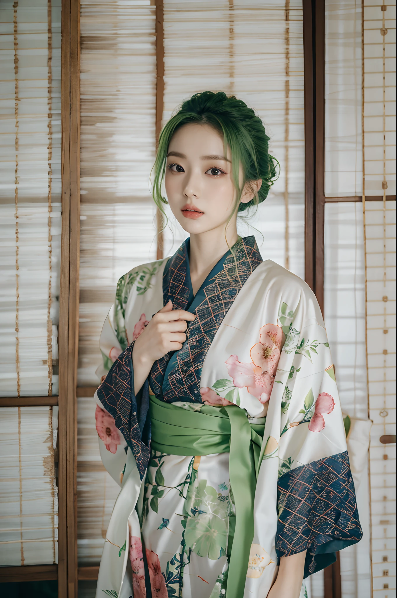 araffe woman in a kimono dress posing for a picture, in kimono, elegant japanese woman, wearing kimono, korean model, japanese kimono, japanese goddess, traditional japanese, in a kimono, wearing a kimono, pale and coloured kimono, white hanfu, kimono, wearing simple robes, classic kimono, wearing silk robe, wearing a simple robe, korean woman, heonhwa choe , big breast, show breast, light green hair