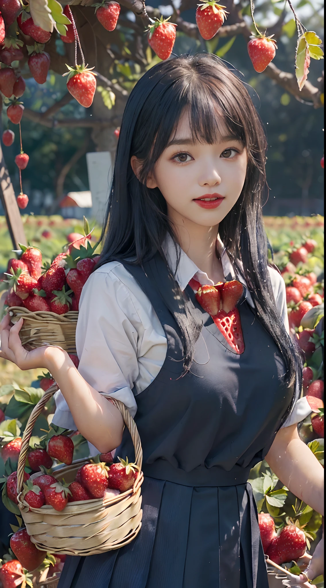 best quality, ultra high res, (1 girl:1.4), solo,(upper body:1.2), (photorealistic:1.4), (pretty girl:1.2),big breasts,balck long hair, parted bangs,air bangs, red lips,light_smile,(shot hair), wet, messy_blue hair, stick out,(school uniform:1.4),white shirt with blue collar, blue shorts,(looking at viewer:1.4),(a basket on her forearm:1.4),(picking strawberries:1.4), (strawberry farm:1.4), (rows of plants:1.4), (red berries:1.4), green leaves, sunshine, (baskets:1.2), picking,(pureerosface_v1:0.5)