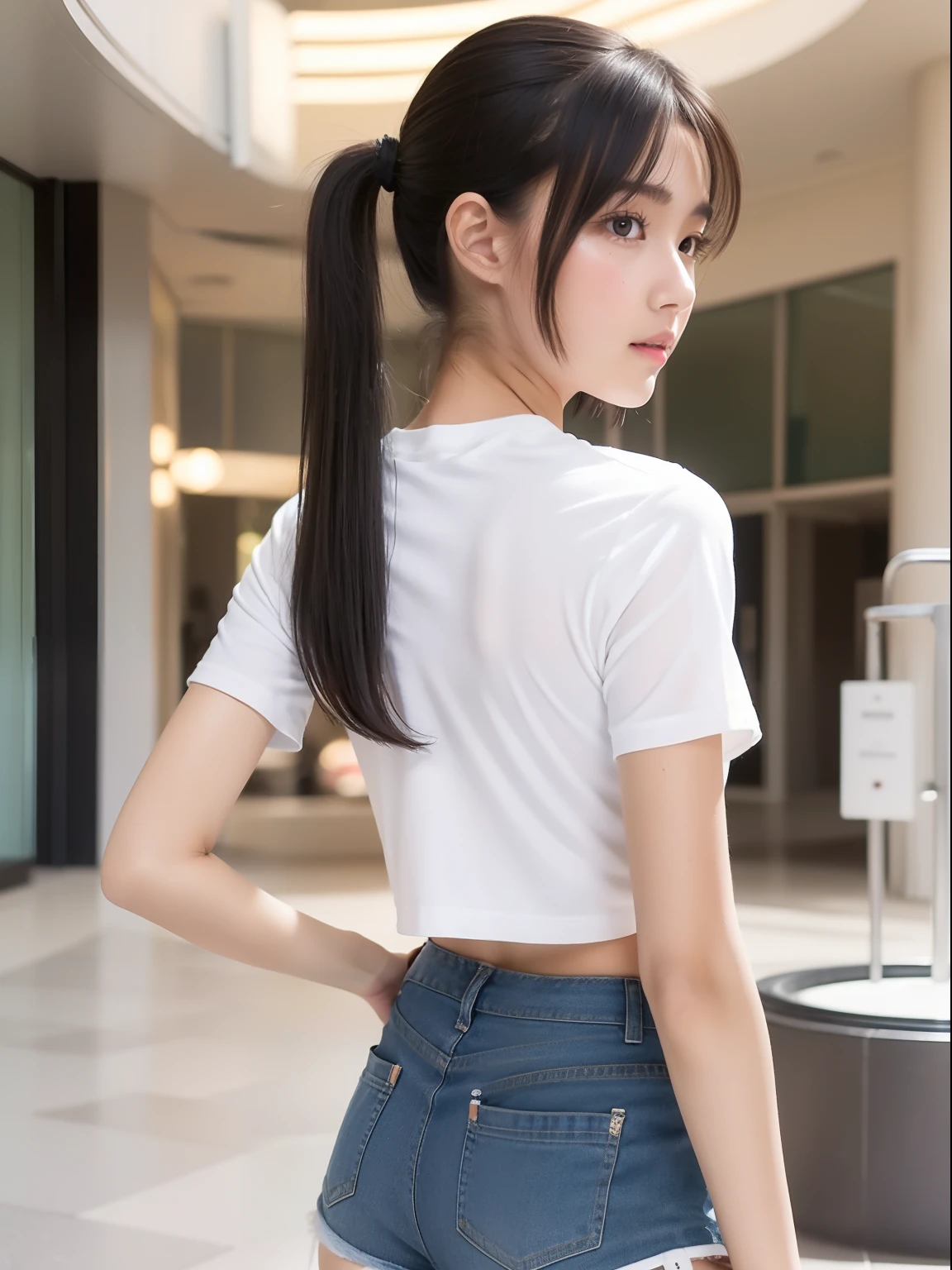 Looks Back,年轻,(shortpants),white t-shirts,teens girl,Delicate body,ite body,Delicate body,small tits,tiny chest,Short,A dark-haired,Twin-tailed,poneyTail,shopping mall