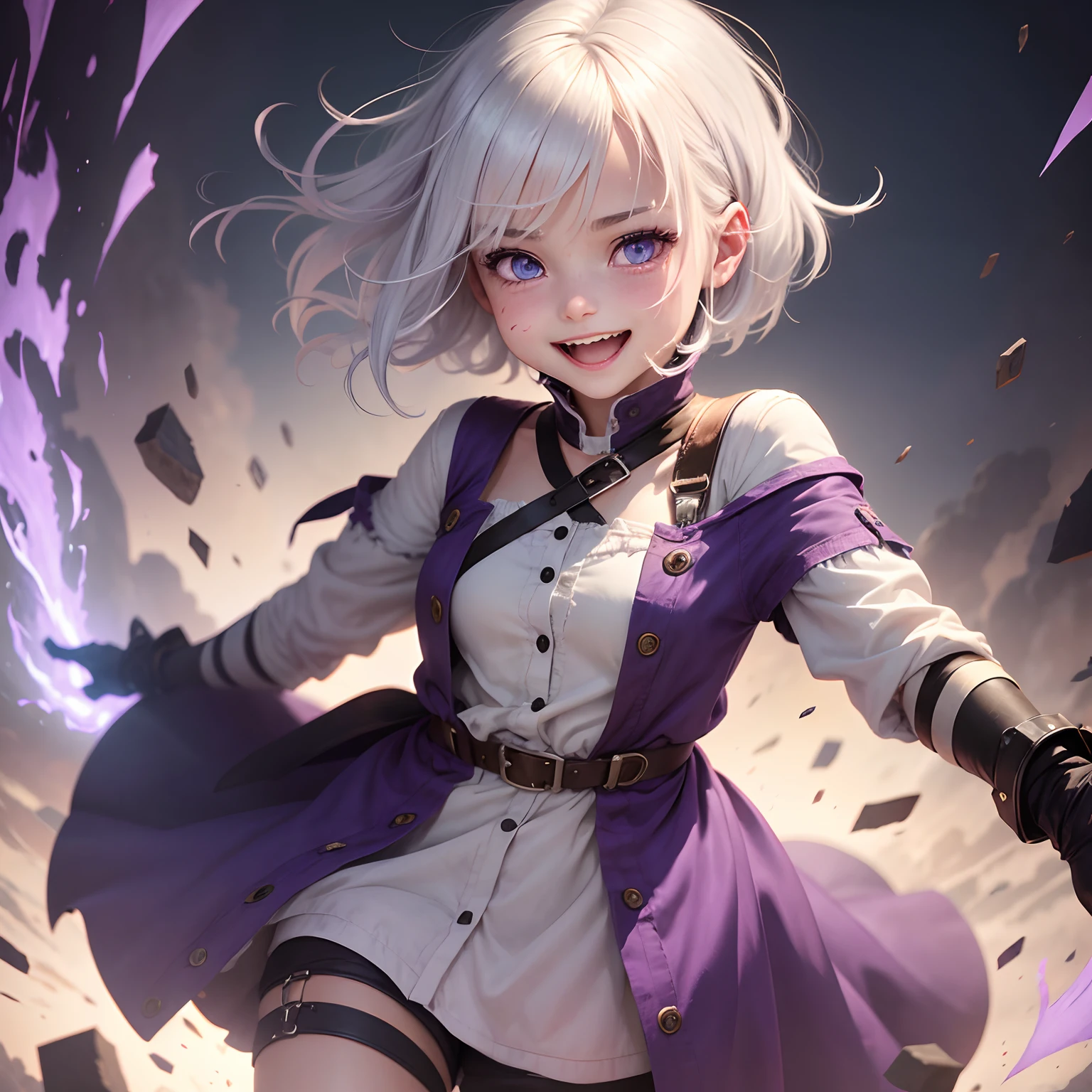 girl with,White hair, Short hair, Eyes purple pupils, Young , Torn clothes, sad,Smiling smile , open open mouth、Man's daughter, Dynamic Pose, Solo
