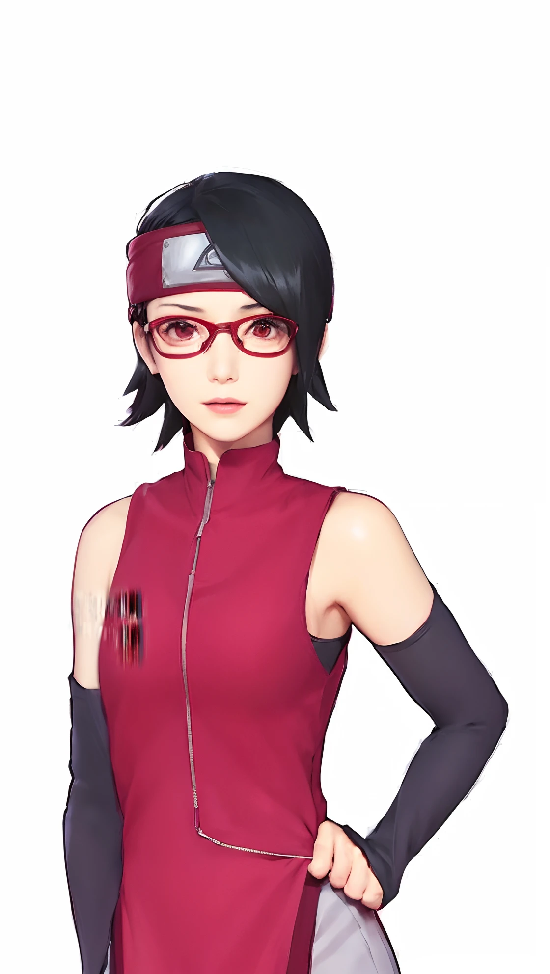 1girl, sarada uchiha in anime naruto, short hair, sexy dress, black hair, red eyes, smile, beautiful, black clothes, wearing glasses red, very big breast, sexy clothes, realistic clothes, detail clothes, indoor background, ultra detail, realistic